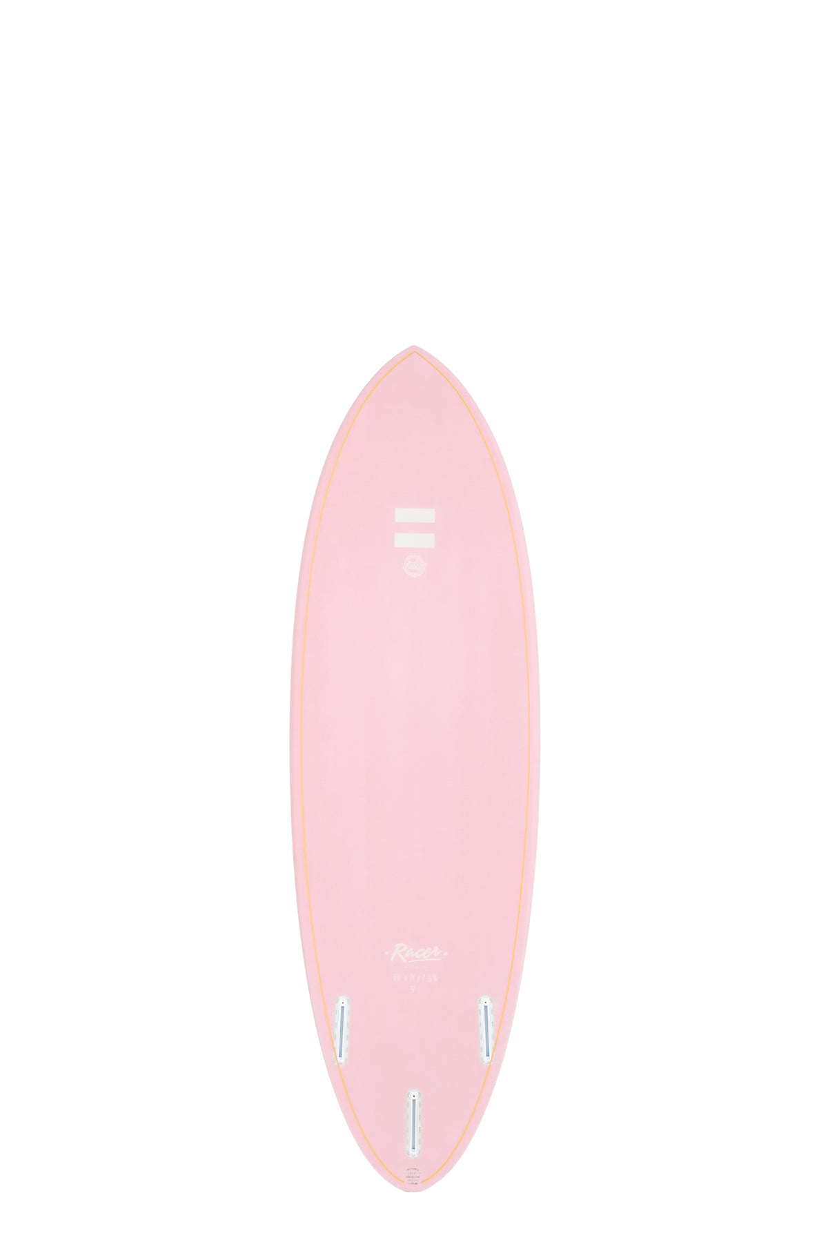 Back view of the Indio Endurance Racer surfboard featuring a smooth, solid Pink color on the deck, displayed on a white background.
