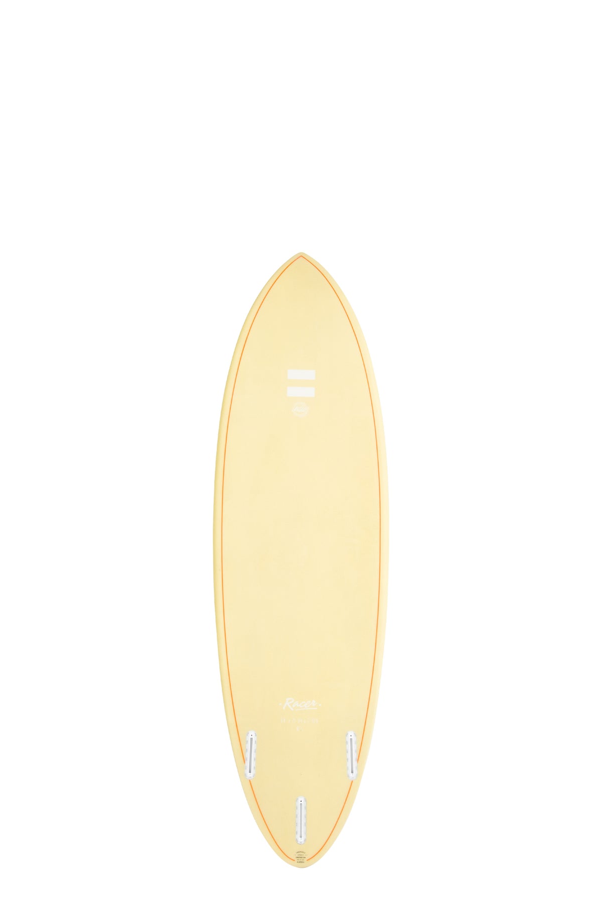Back view of the Indio Endurance Racer surfboard featuring a smooth, solid Sand color on the deck, displayed on a white background.