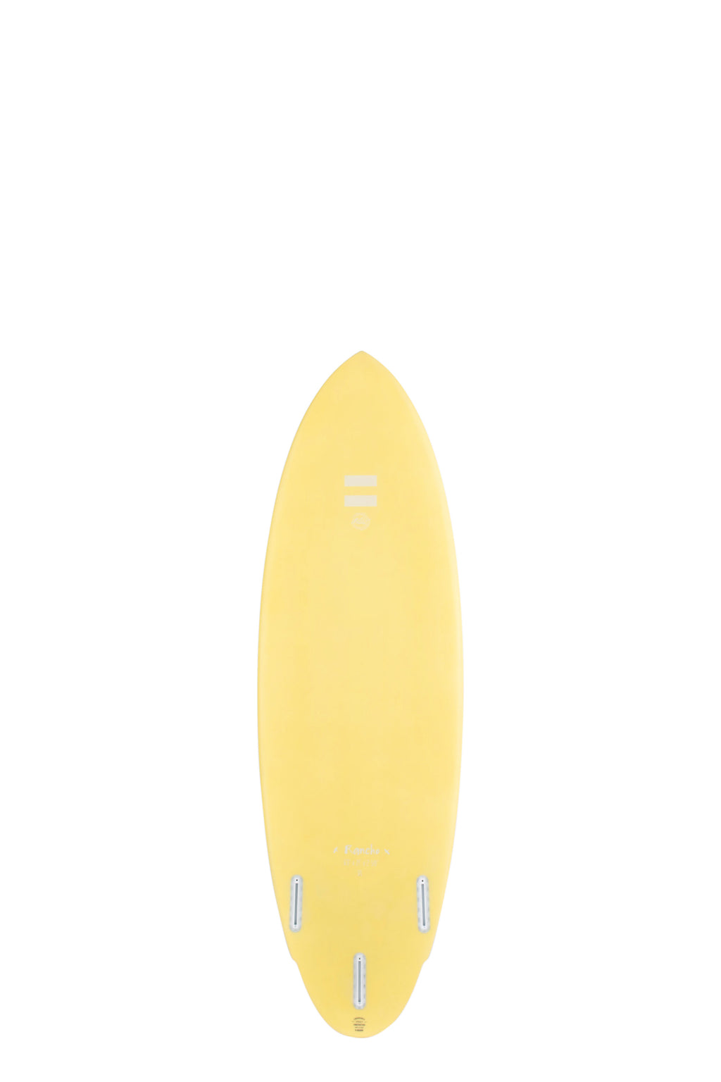 Back view of the Indio Endurance Rancho surfboard featuring a smooth, solid cream color on the deck, displayed on a white background.