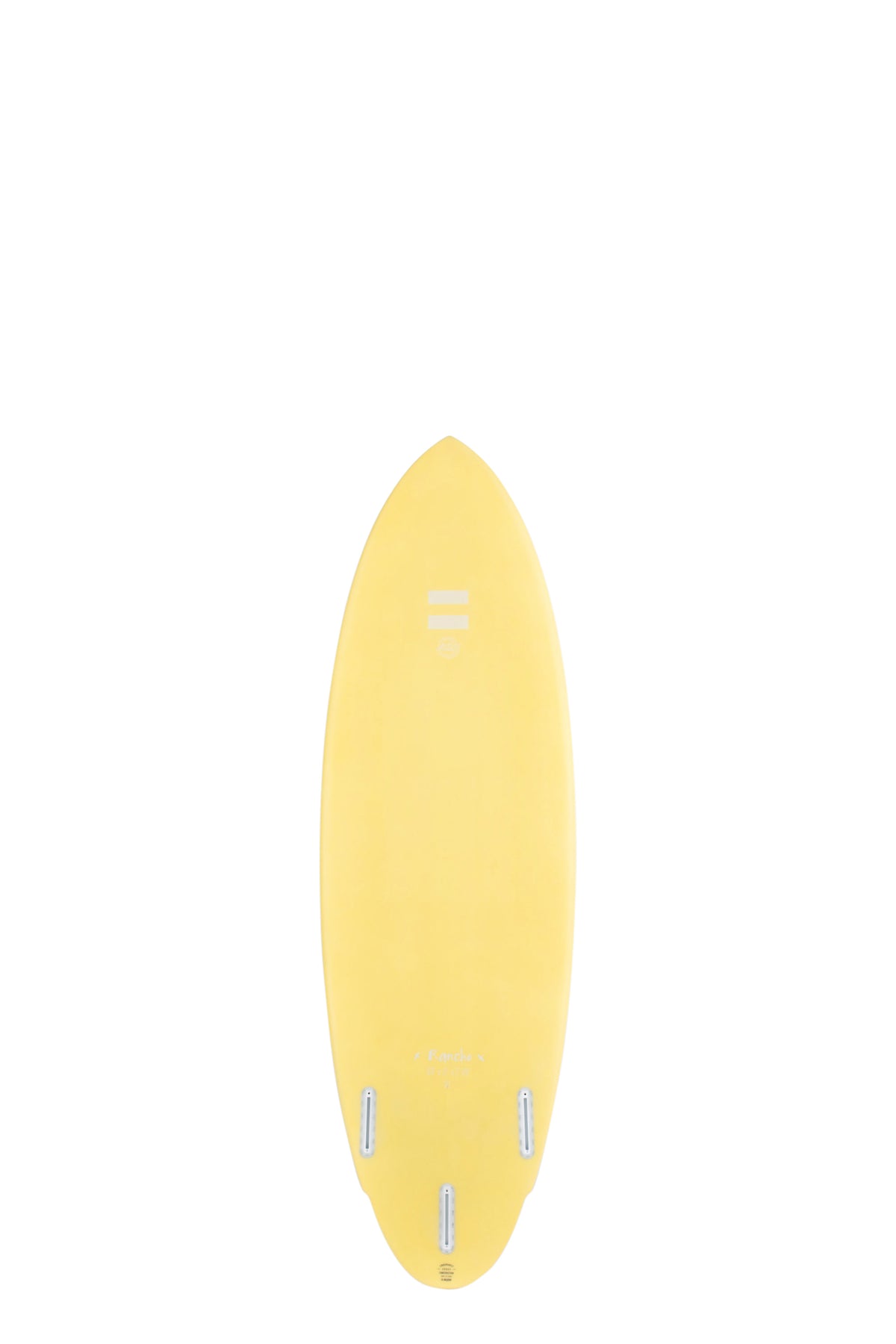 Back view of the Indio Endurance Rancho surfboard featuring a smooth, solid cream color on the deck, displayed on a white background.