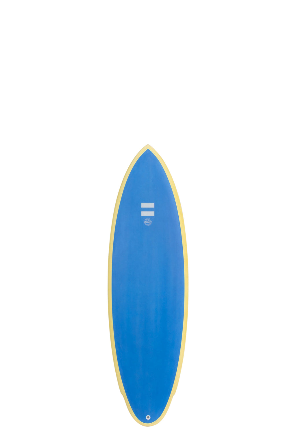 Front view of the Indio Endurance Rancho surfboard featuring a solid royal blue deck with cream rails, displayed on a white background.