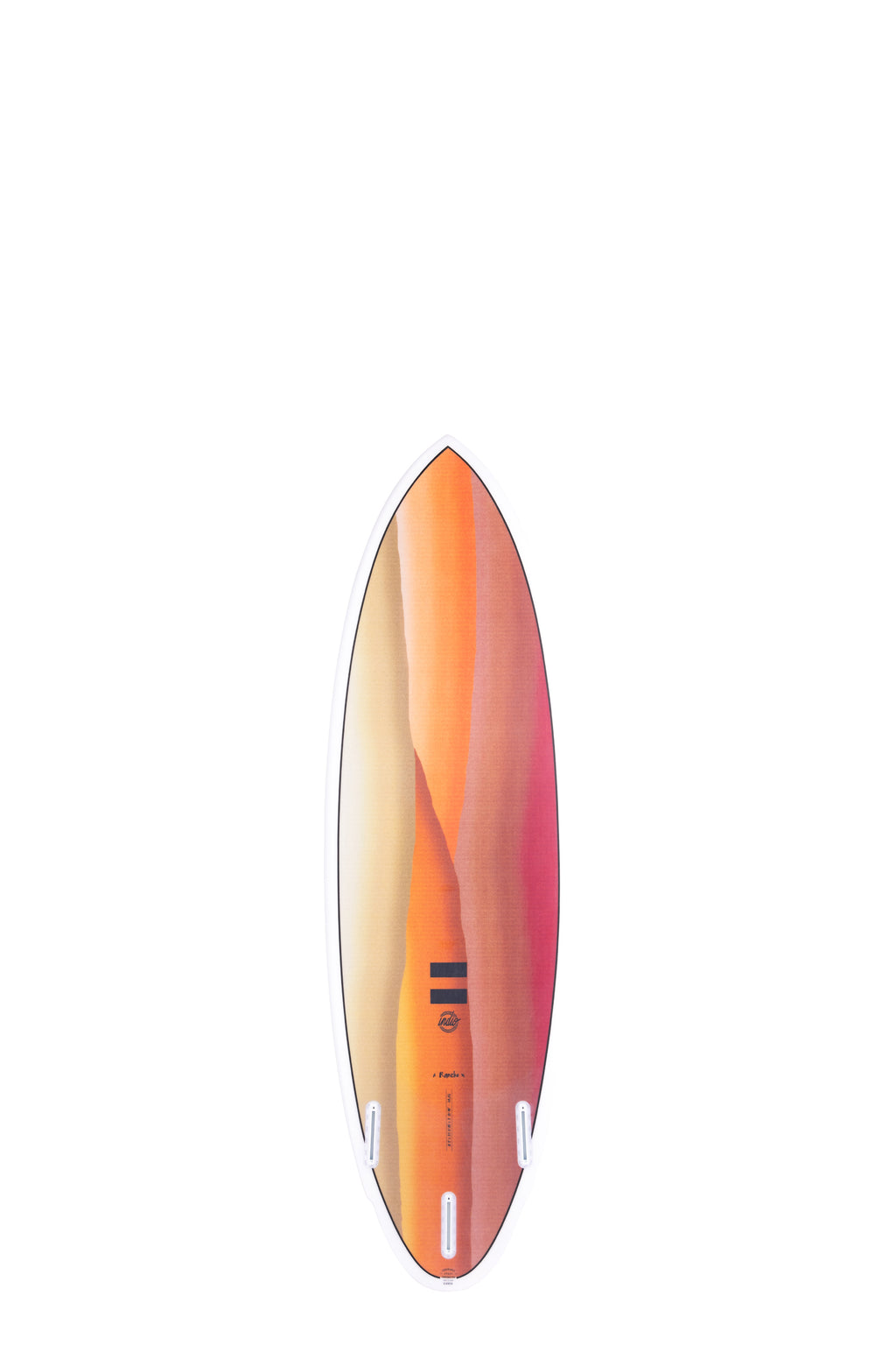 Back view of the Indio Rancho surfboard featuring a gradient design of warm tones along the deck, displayed on a white background.
