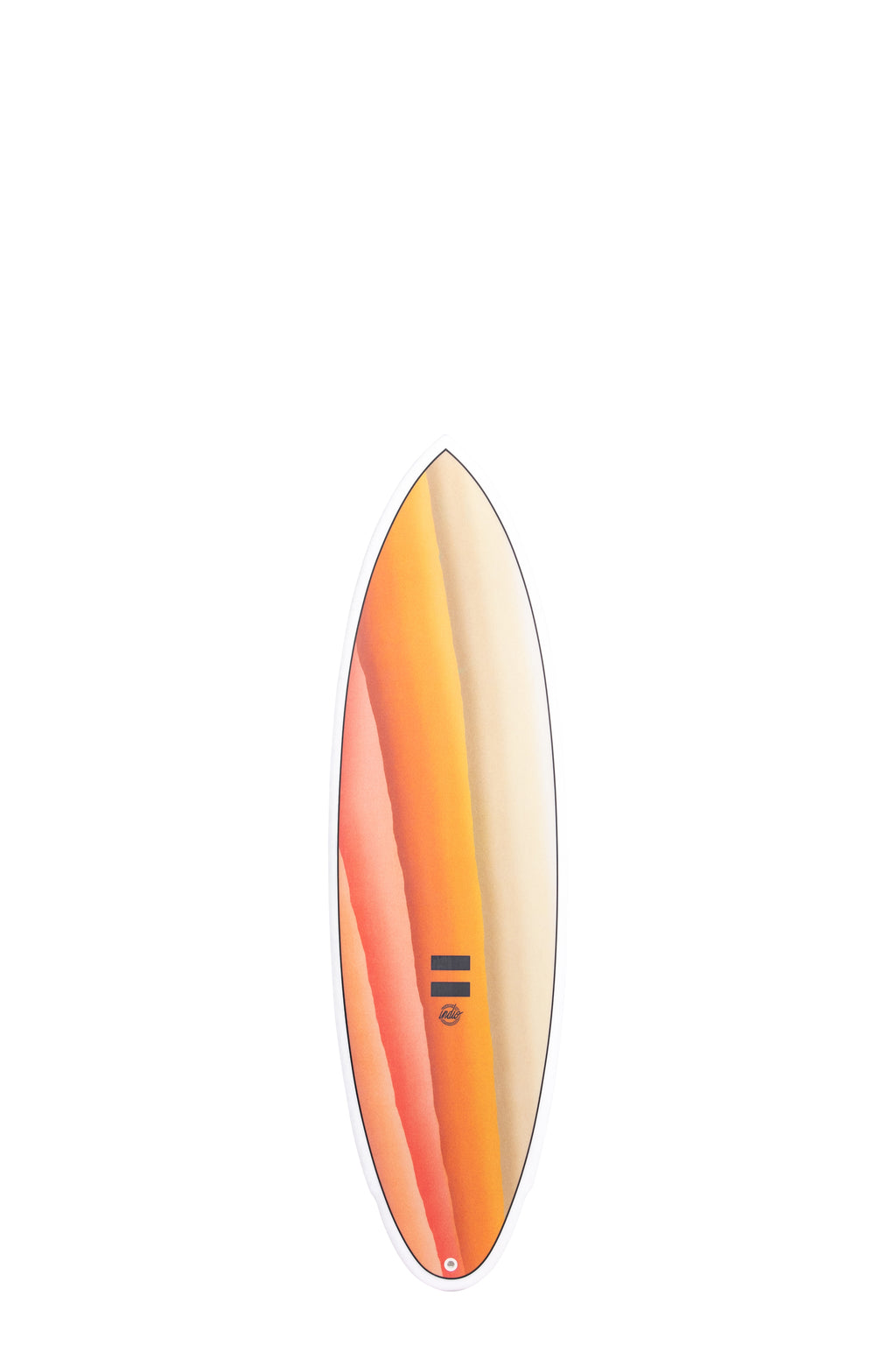 Front view of the Indio Rancho surfboard featuring a gradient design of warm tones along the deck, displayed on a white background.