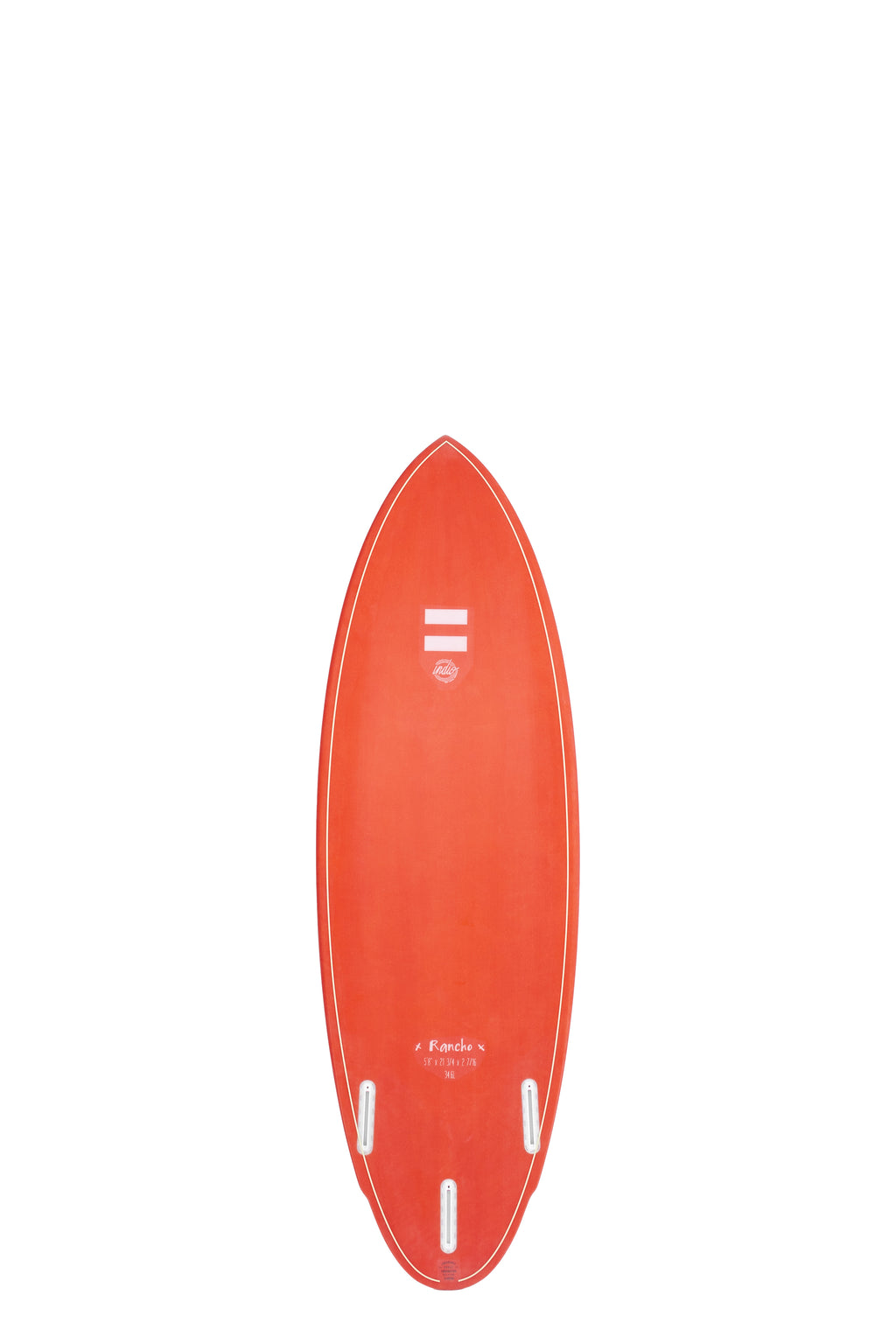 Back view of the Indio Rancho surfboard featuring a smooth, solid Red Fall color on the deck, displayed on a white background.