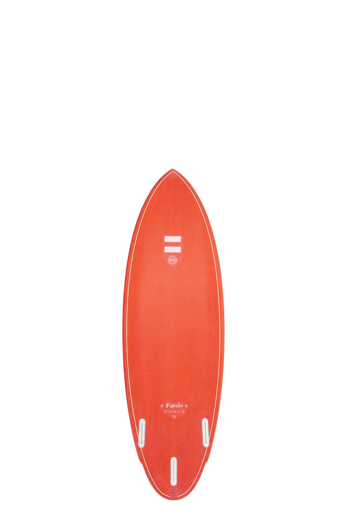 Back view of the Indio Rancho surfboard featuring a smooth, solid Red Fall color on the deck, displayed on a white background.