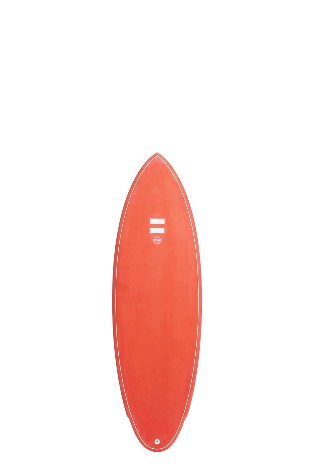 Front view of the Indio Rancho surfboard featuring a smooth, solid Red Fall color on the deck, displayed on a white background.