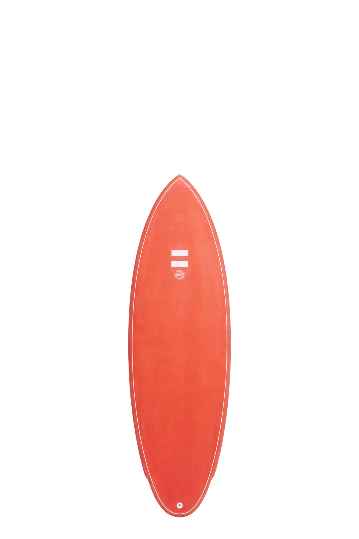 Front view of the Indio Rancho surfboard featuring a smooth, solid Red Fall color on the deck, displayed on a white background.