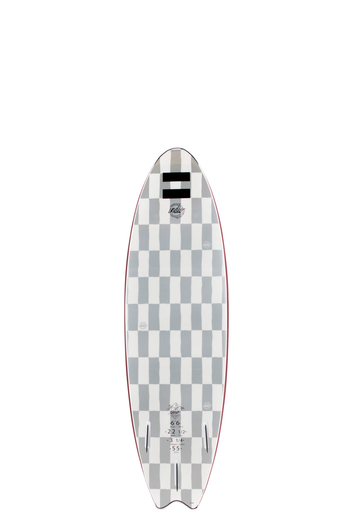 Back view of the Indio Retro softboard featuring a checkerboard pattern in light grey and dark grey tones along the deck, displayed on a white background.