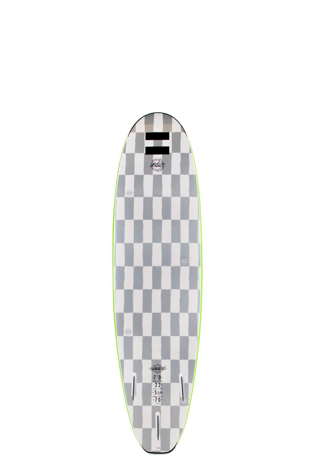 Back view of the Indio Standard softboard featuring a checkerboard pattern in light grey and dark grey tones along the deck, displayed on a white background.