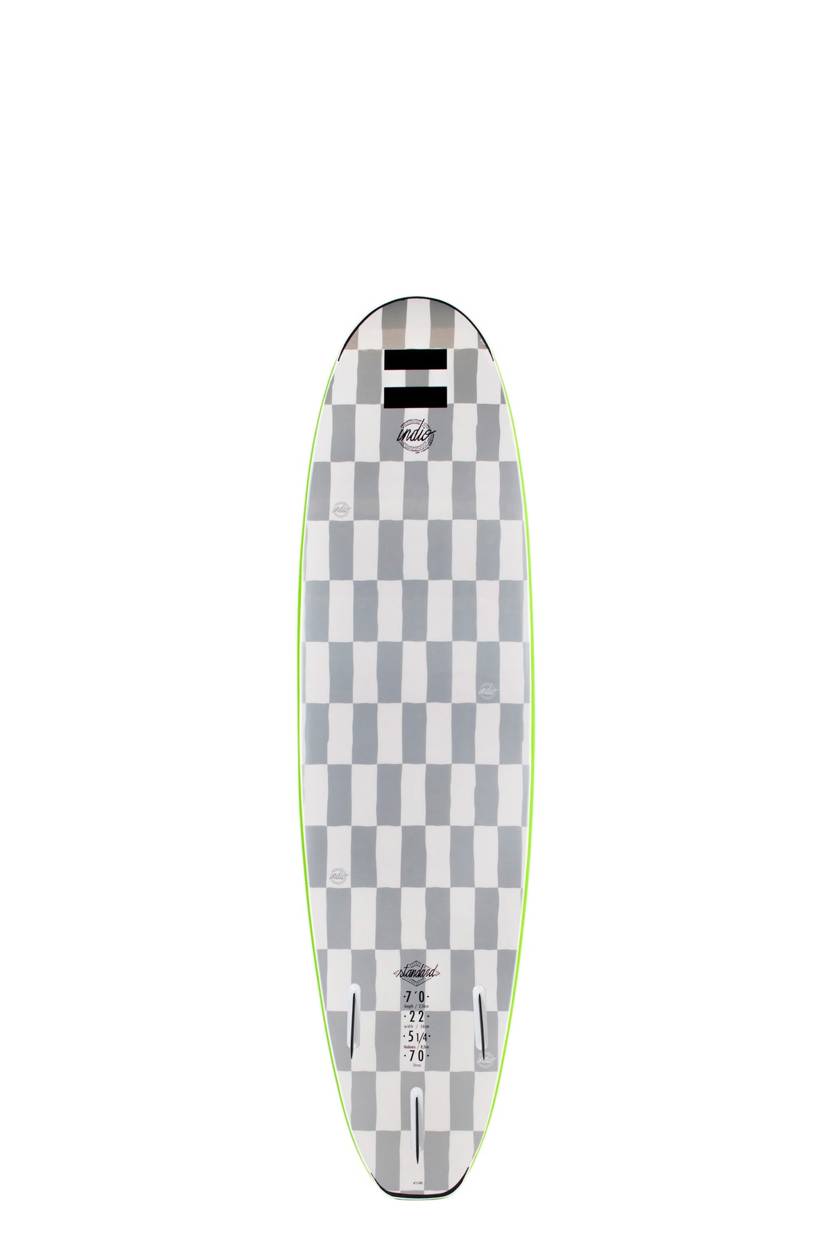 Back view of the Indio Standard softboard featuring a checkerboard pattern in light grey and dark grey tones along the deck, displayed on a white background.