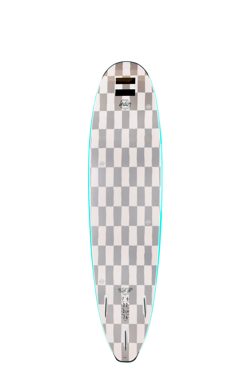 Back view of the Indio Step Up softboard featuring a checkerboard pattern in light grey and dark grey tones along the deck, displayed on a white background.