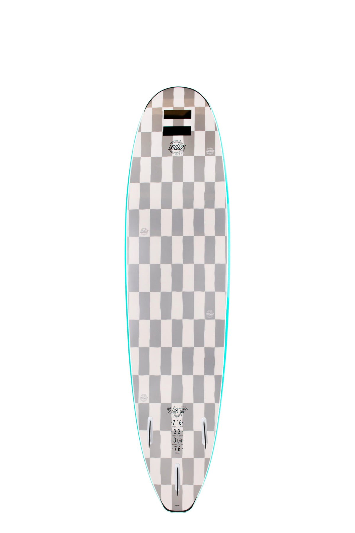 Back view of the Indio Step Up softboard featuring a checkerboard pattern in light grey and dark grey tones along the deck, displayed on a white background.