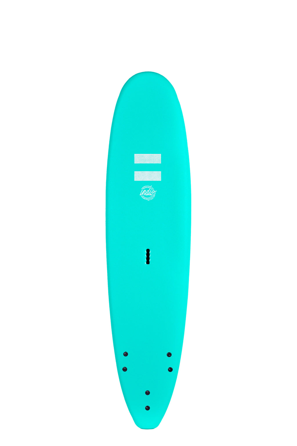 Front view of the Indio Step Up softboard featuring a smooth, solid Turquoise color on the deck, displayed on a white background.