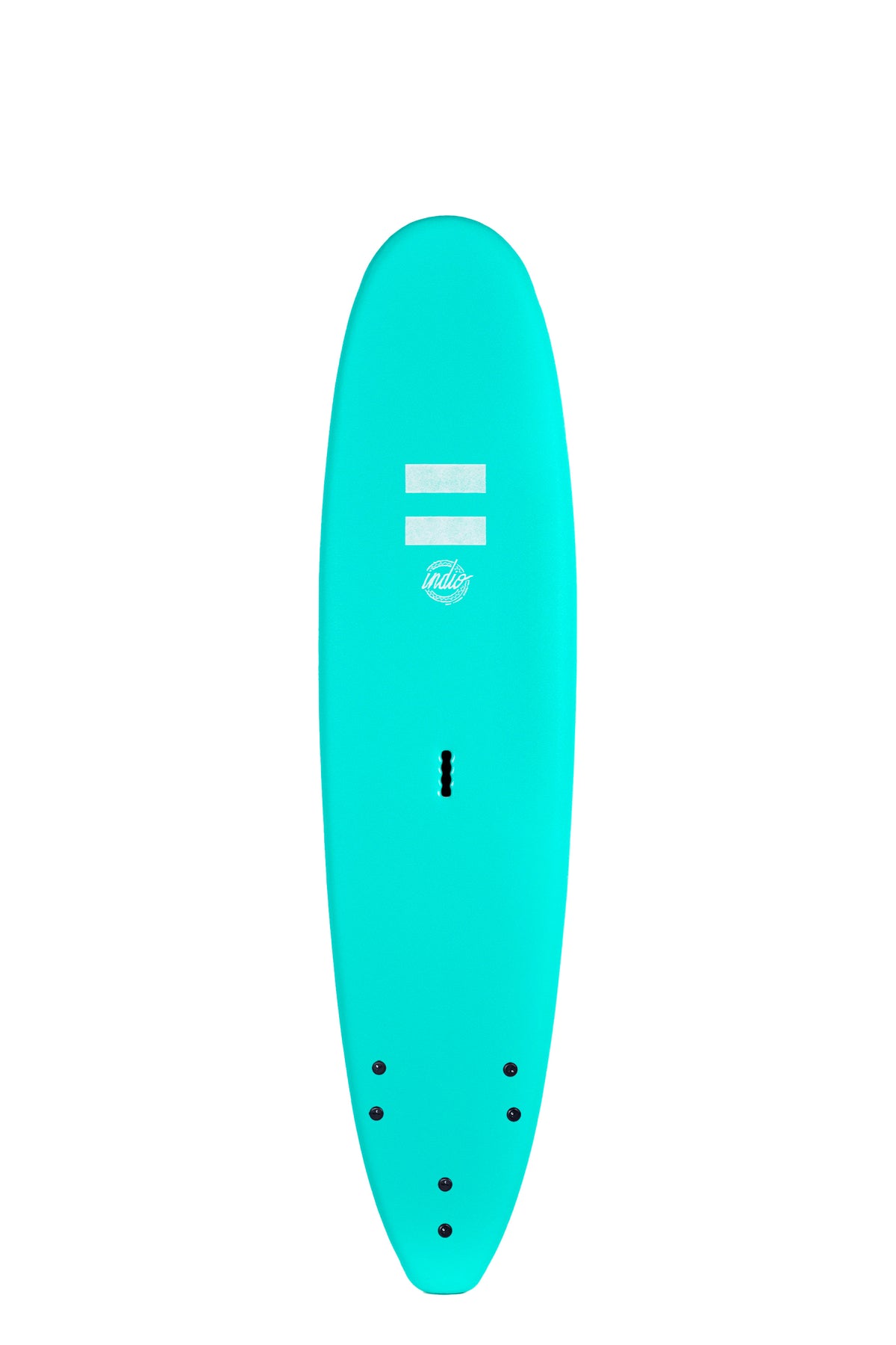 Front view of the Indio Step Up softboard featuring a smooth, solid Turquoise color on the deck, displayed on a white background.