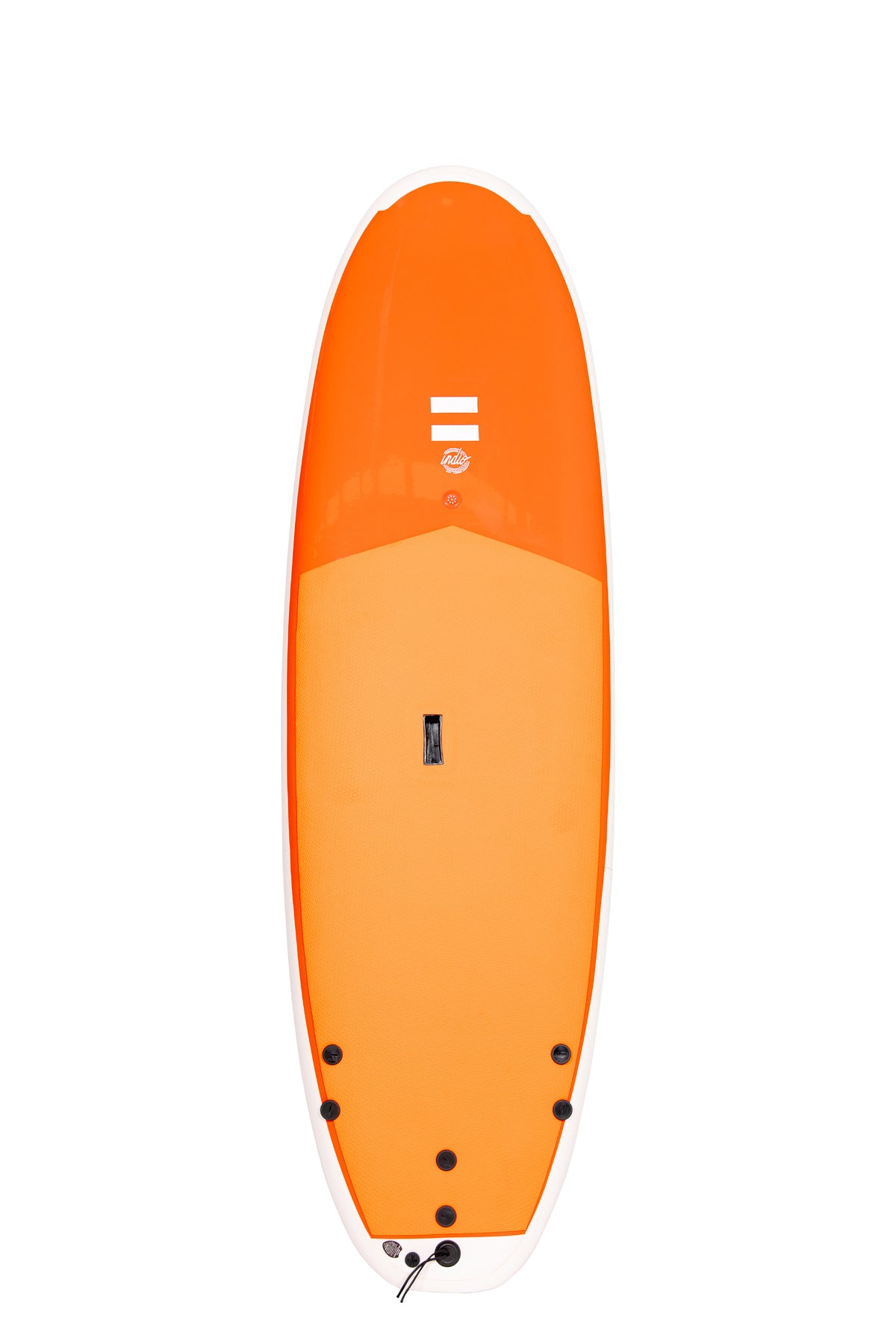 Front view of the Indio x Suntech Easy softboard featuring a orange deck with white-colored rails, displayed on a white background.