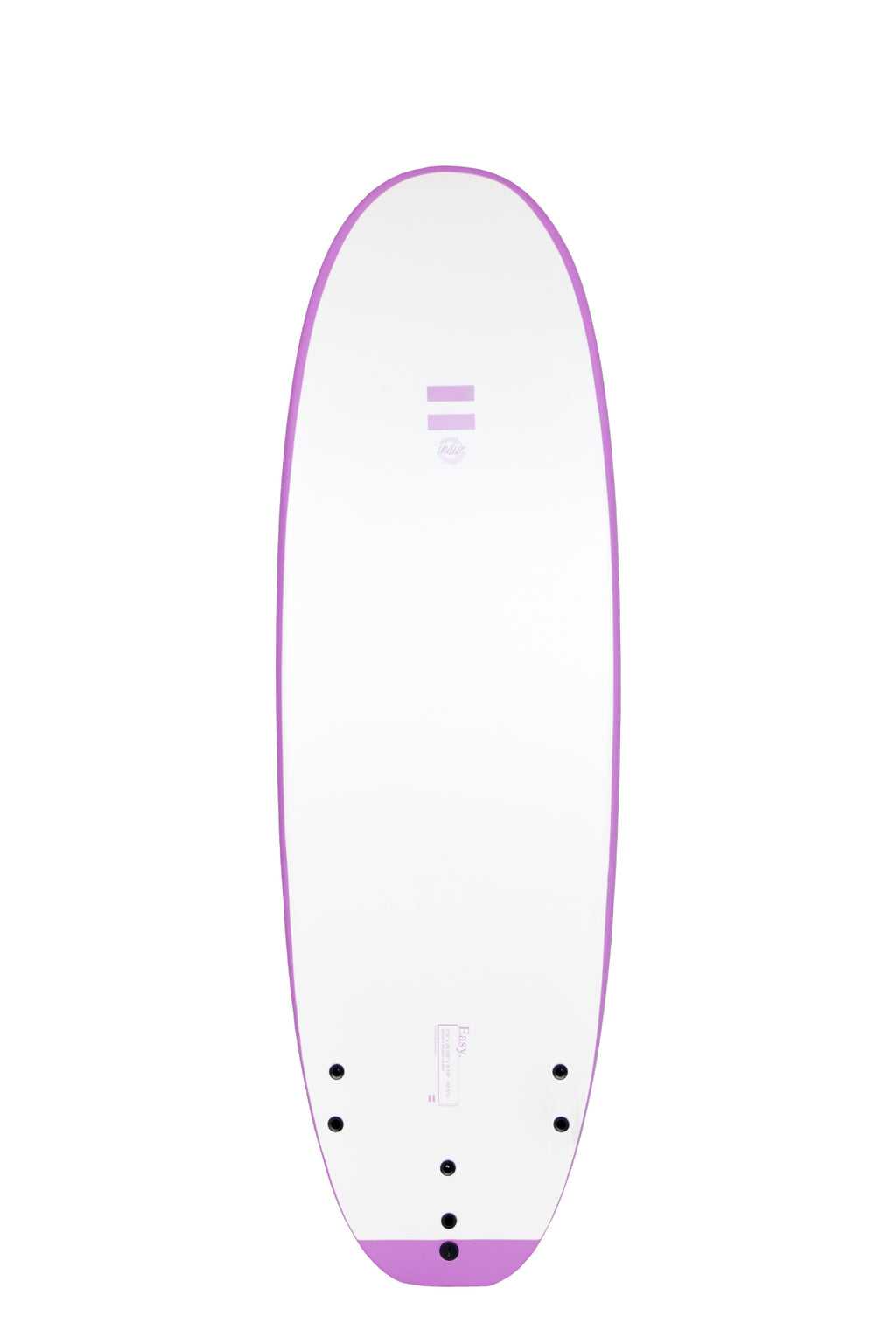 Back view of the Indio x Suntech Easy Rider softboard featuring a white deck with purple-colored rails, displayed on a white background.