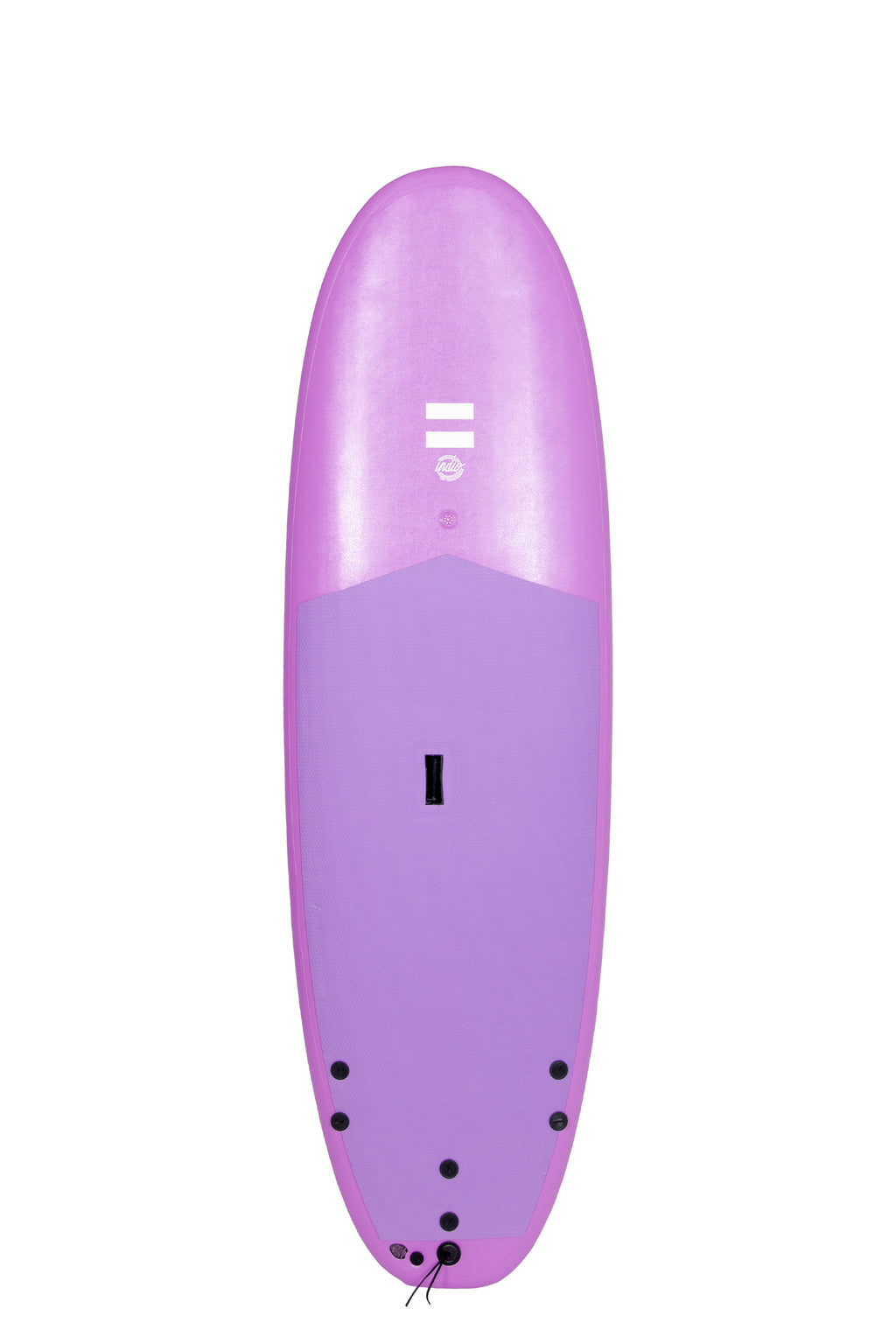 Front view of the Indio x Suntech Easy softboard featuring a purple deck, displayed on a white background.