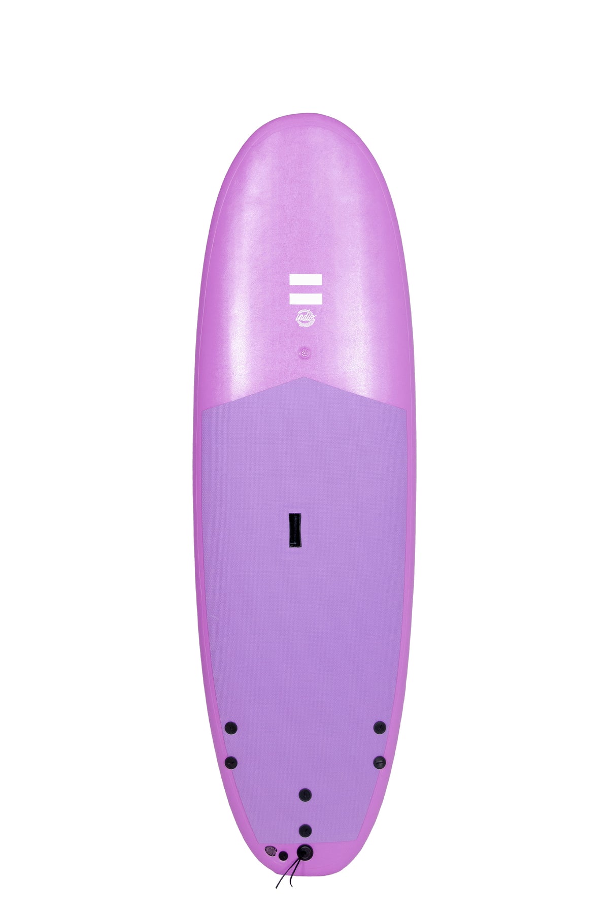 Front view of the Indio x Suntech Easy softboard featuring a purple deck, displayed on a white background.