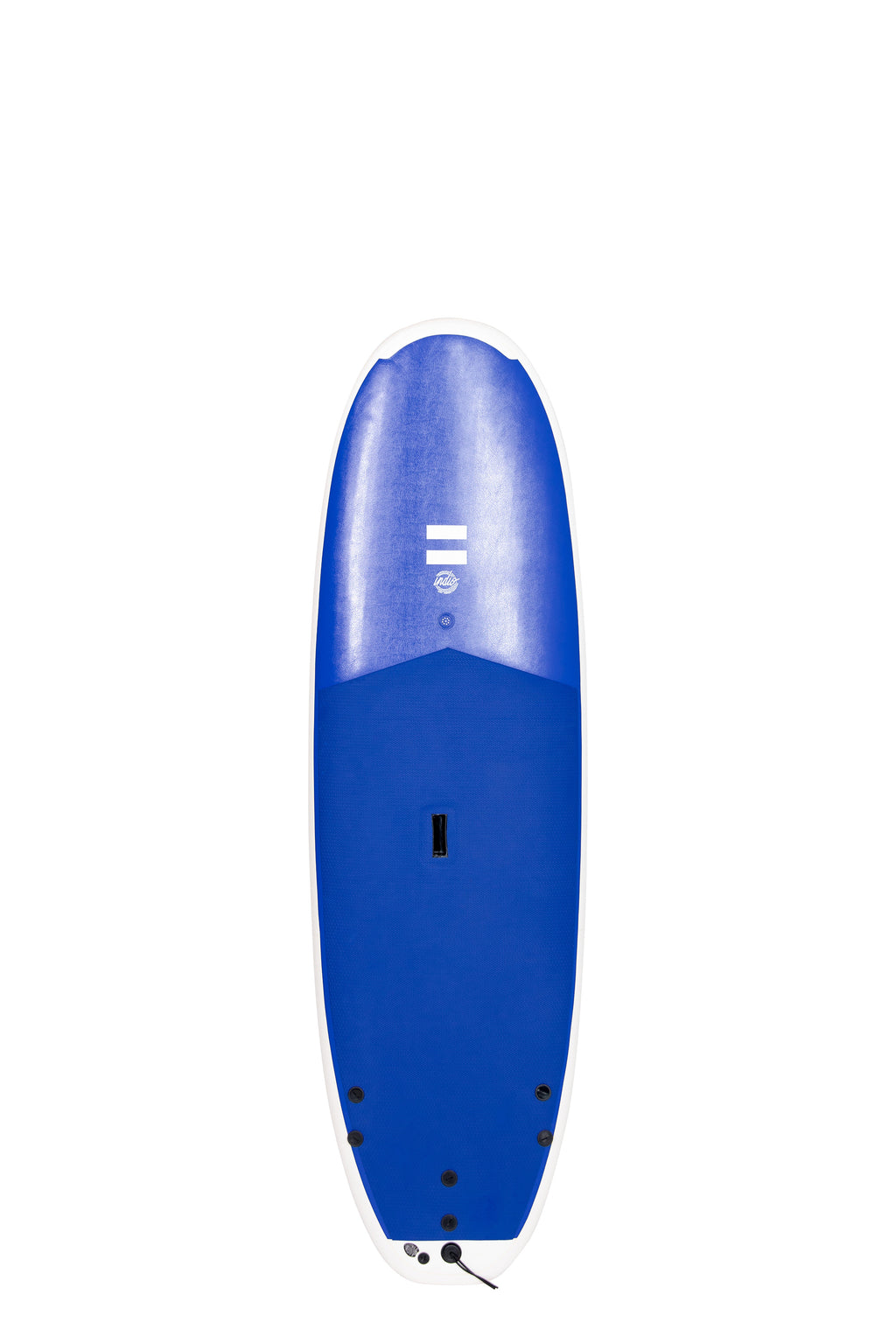 Front view of the Indio x Suntech Easy Rider softboard featuring a blue deck with white-colored rails, displayed on a white background.