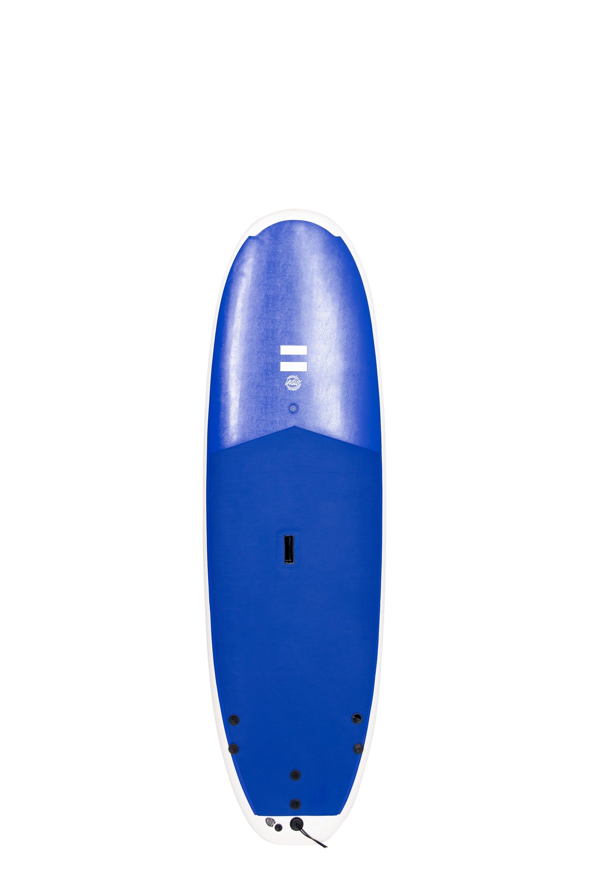 Front view of the Indio x Suntech Easy Rider softboard featuring a blue deck with white-colored rails, displayed on a white background.