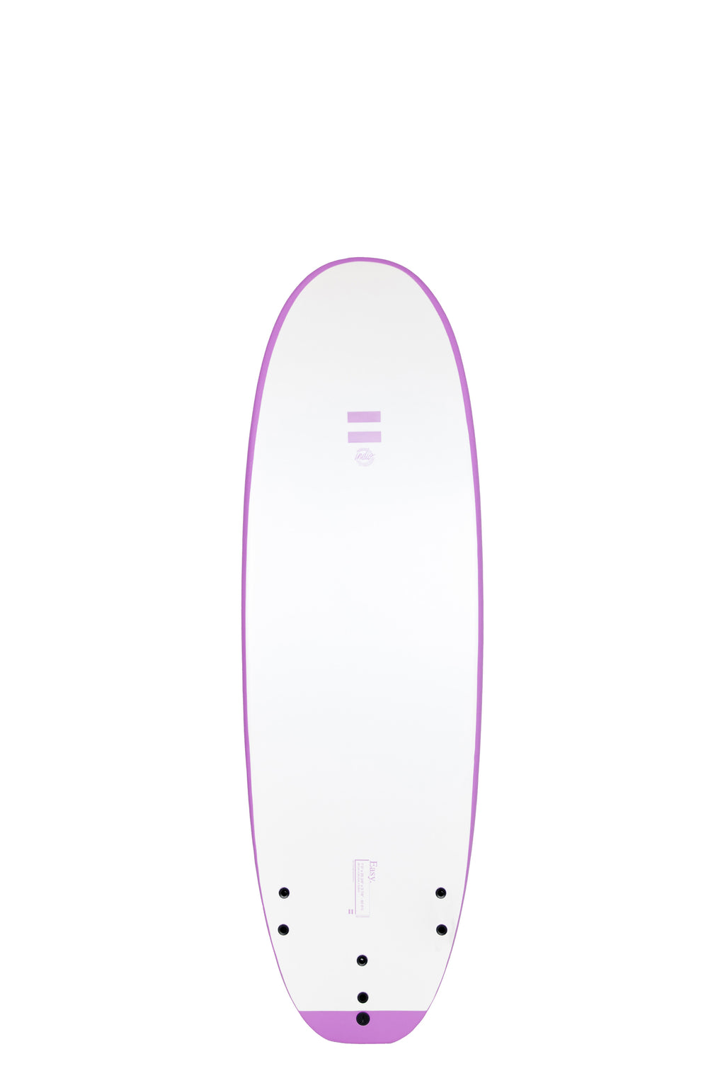 Back view of the Indio x Suntech Easy Rider softboard featuring a white deck with purple-colored rails, displayed on a white background.