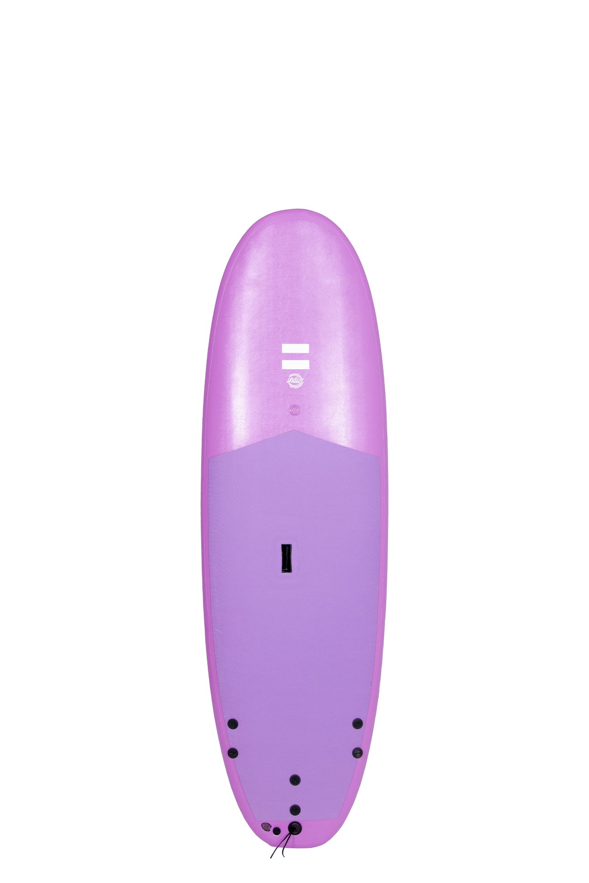 Front view of the Indio x Suntech Easy Rider softboard featuring a purple deck, displayed on a white background.