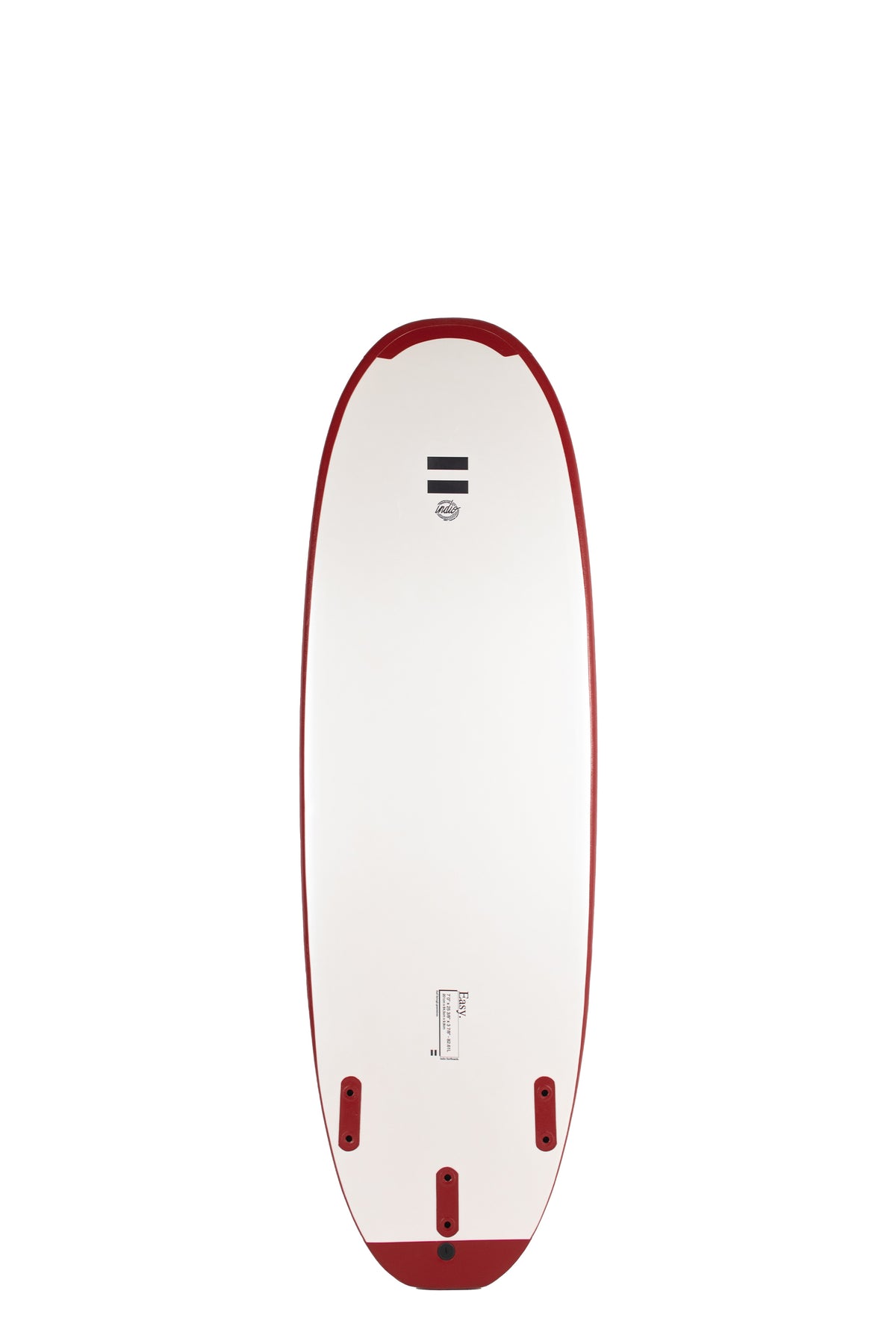 Back view of the Indio x Suntech Easy Rider softboard featuring a white deck with Wine-colored rails, displayed on a white background.
