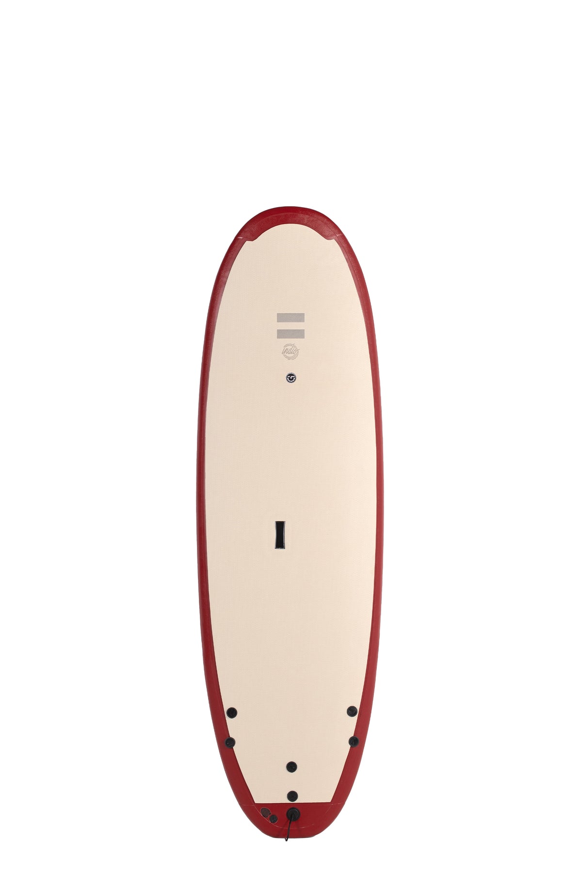 Front view of the Indio x Suntech Easy Rider softboard featuring a beige deck with Wine-colored rails, displayed on a white background.