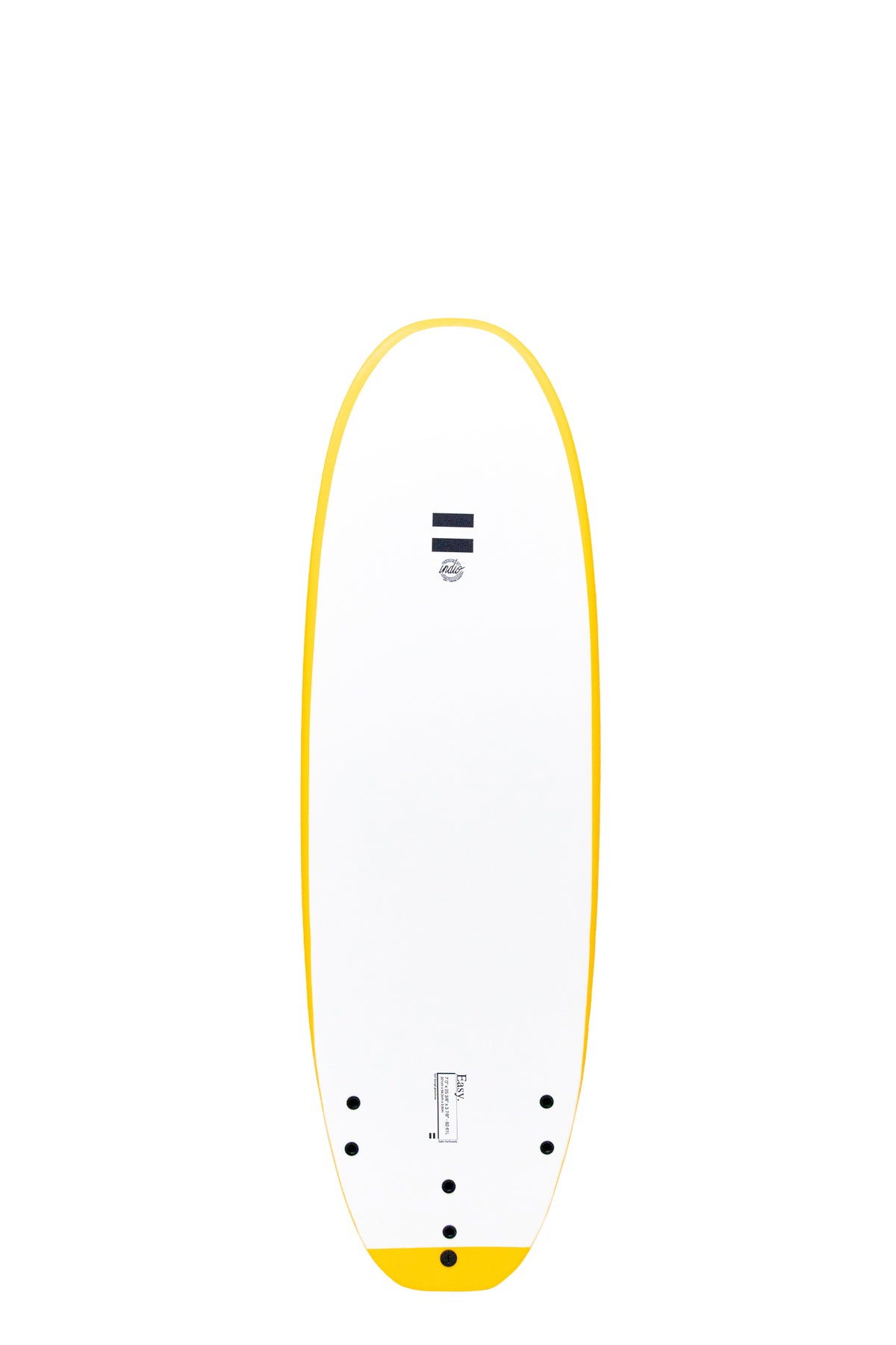 Back view of the Indio x Suntech Easy softboard featuring a white deck with Yellow-colored rails, displayed on a white background.