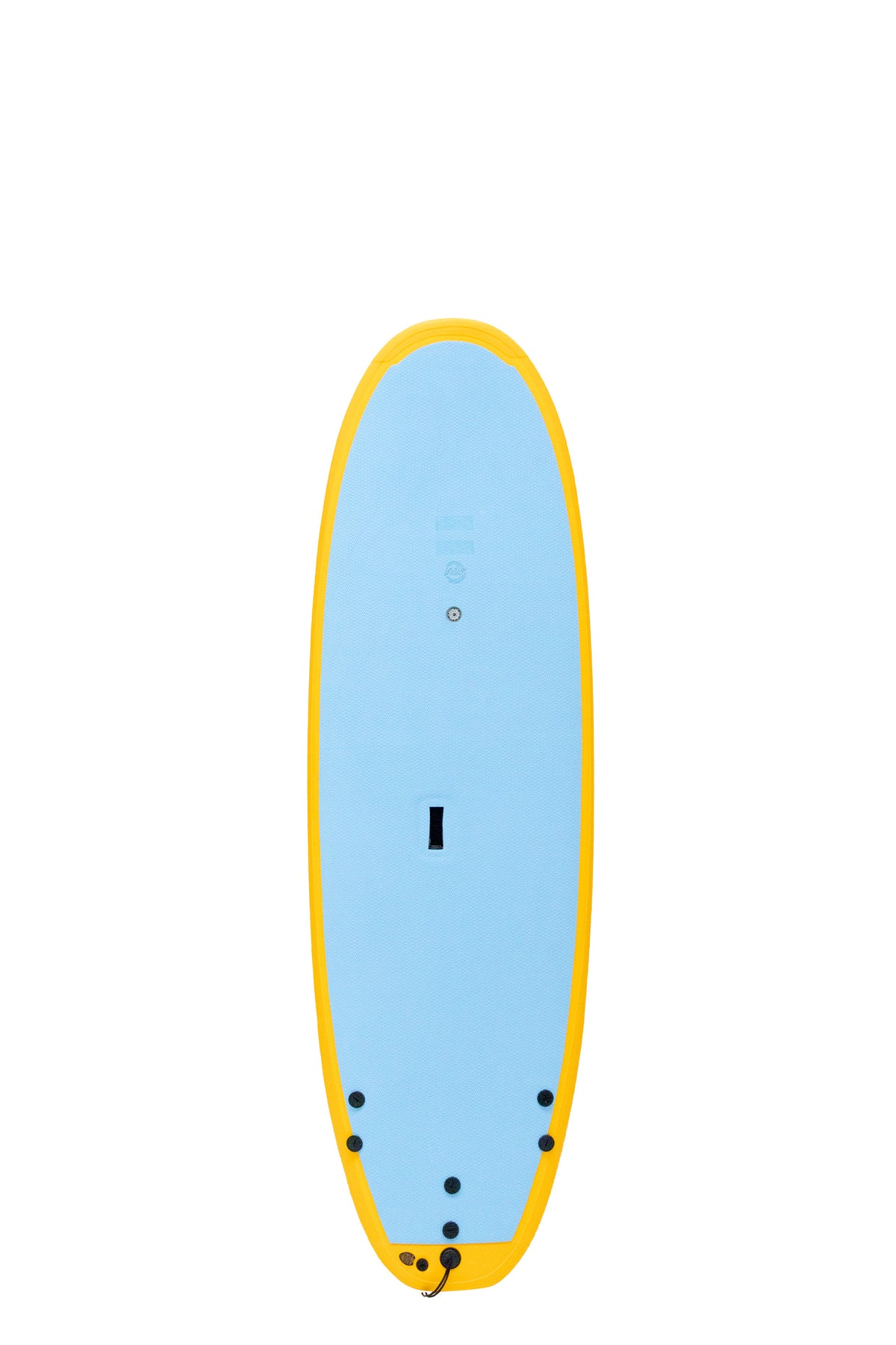 Front view of the Indio x Suntech Easy softboard featuring a blue sky deck with Yellow-colored rails, displayed on a white background.