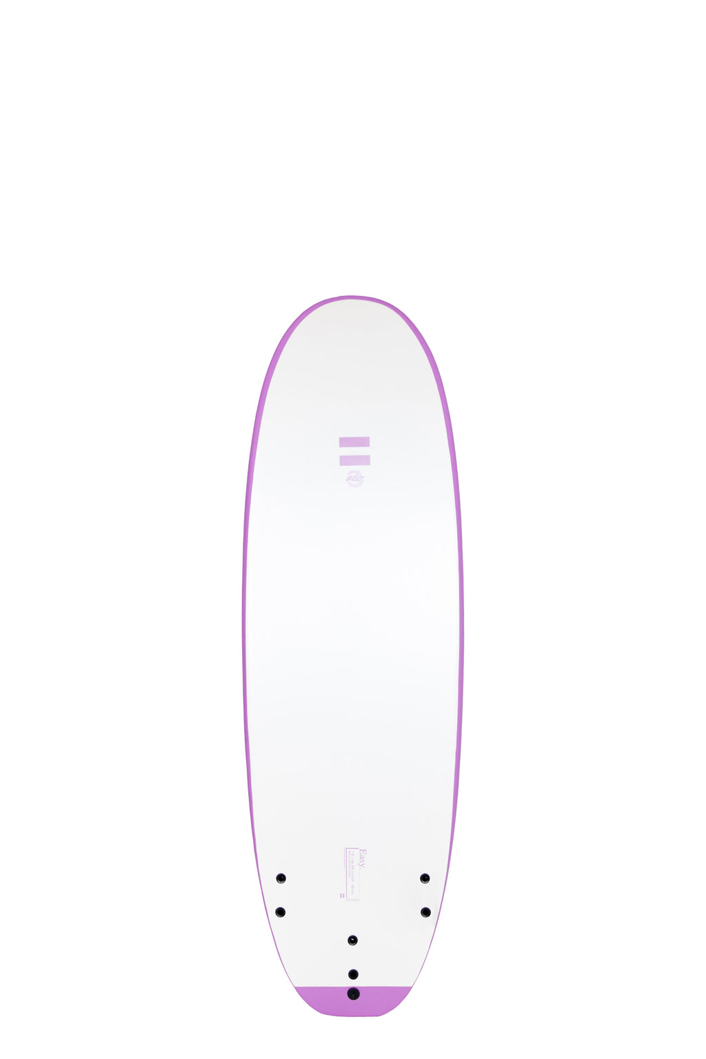 Back view of the Indio x Suntech Easy Surf softboard featuring a white deck with purple-colored rails, displayed on a white background.