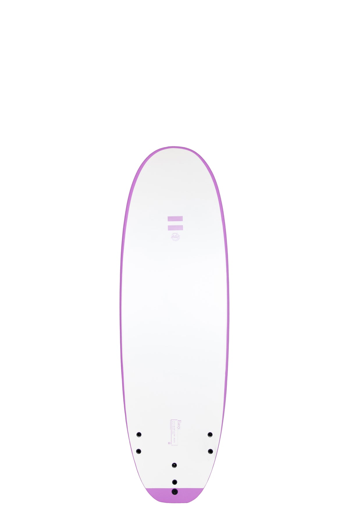 Back view of the Indio x Suntech Easy Surf softboard featuring a white deck with purple-colored rails, displayed on a white background.