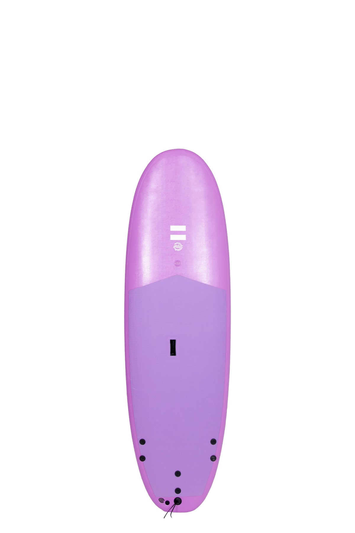 Front view of the Indio x Suntech Easy Surf softboard featuring a purple deck, displayed on a white background.