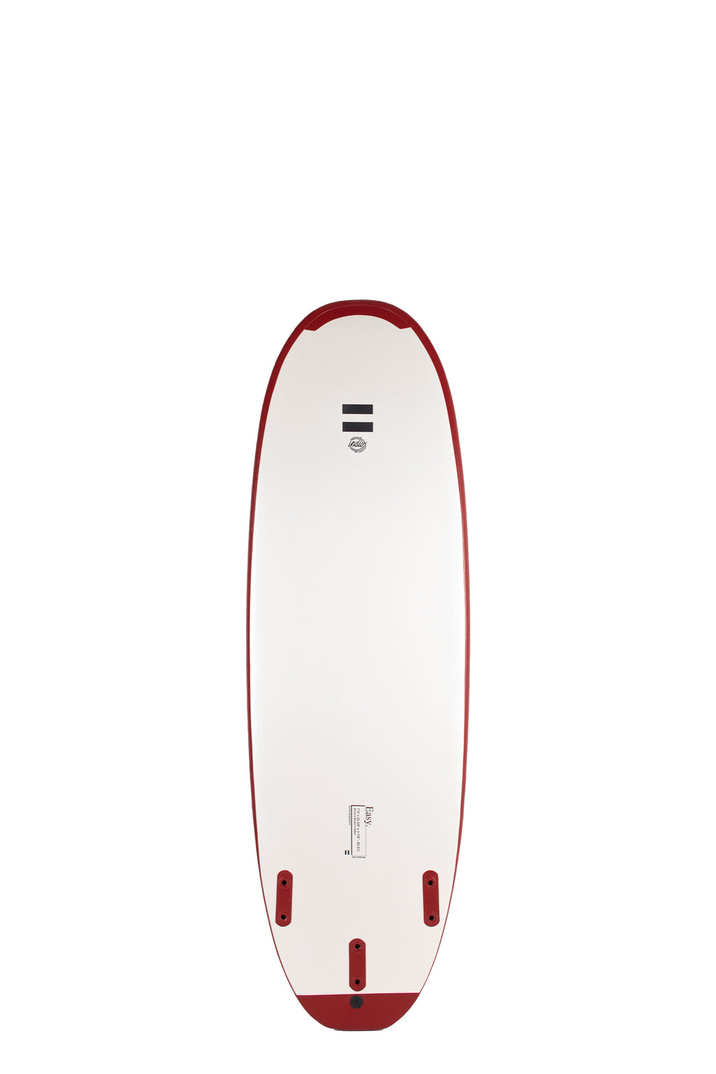 Back view of the Indio x Suntech Easy Surf softboard featuring a white deck with Wine-colored rails, displayed on a white background.