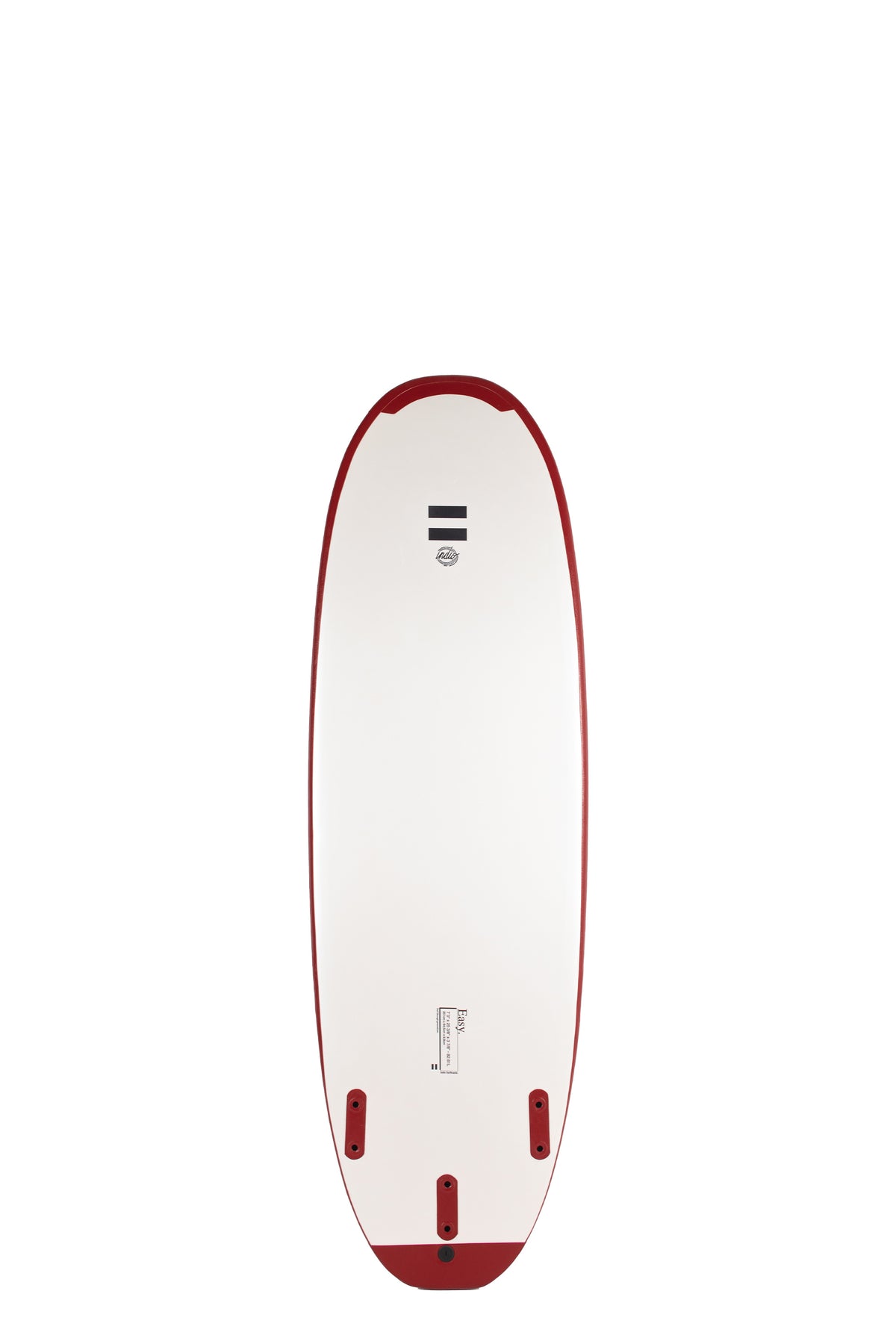 Back view of the Indio x Suntech Easy Surf softboard featuring a white deck with Wine-colored rails, displayed on a white background.