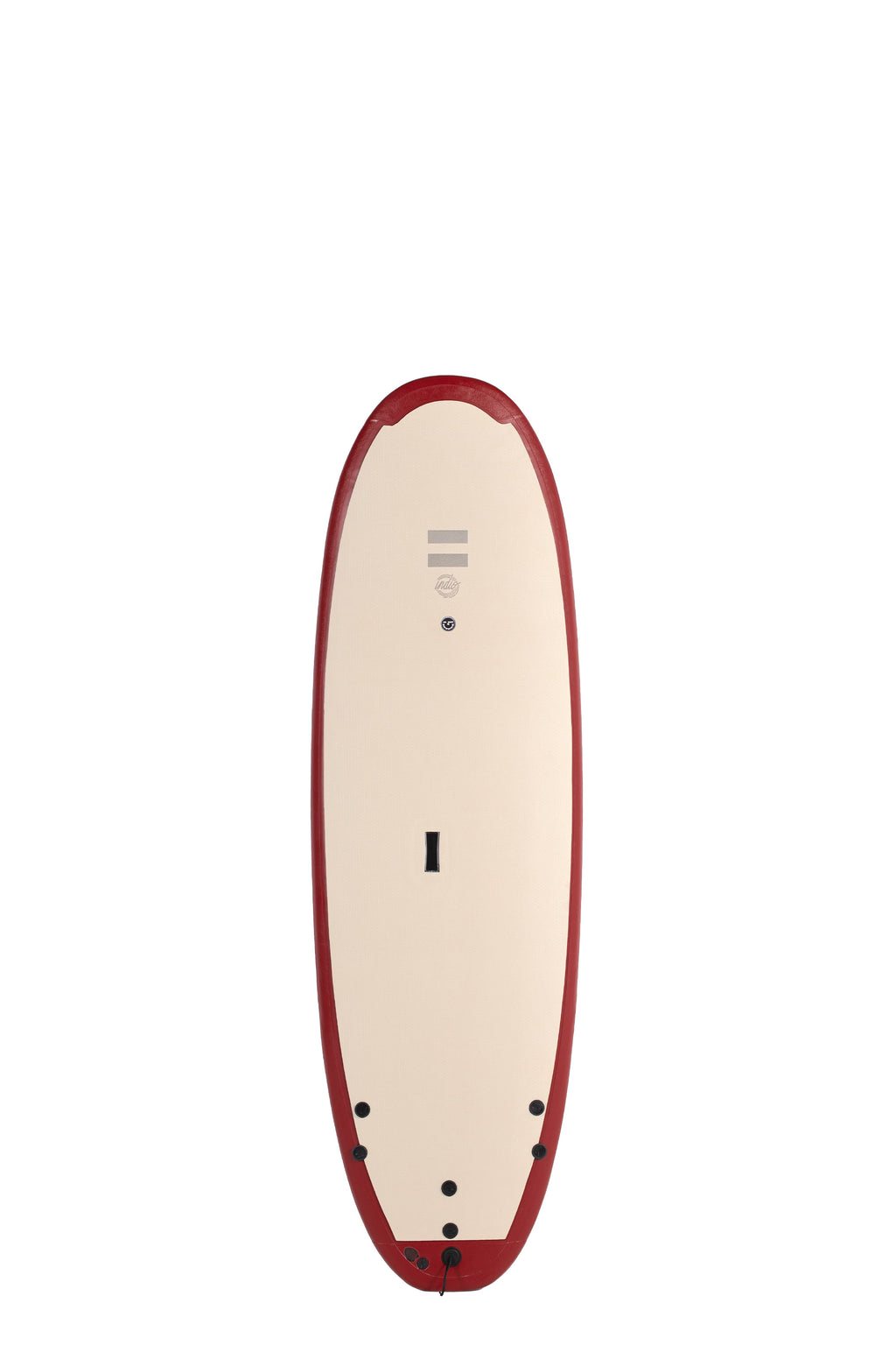 Front view of the Indio x Suntech Easy Surf softboard featuring a beige deck with Wine-colored rails, displayed on a white background.