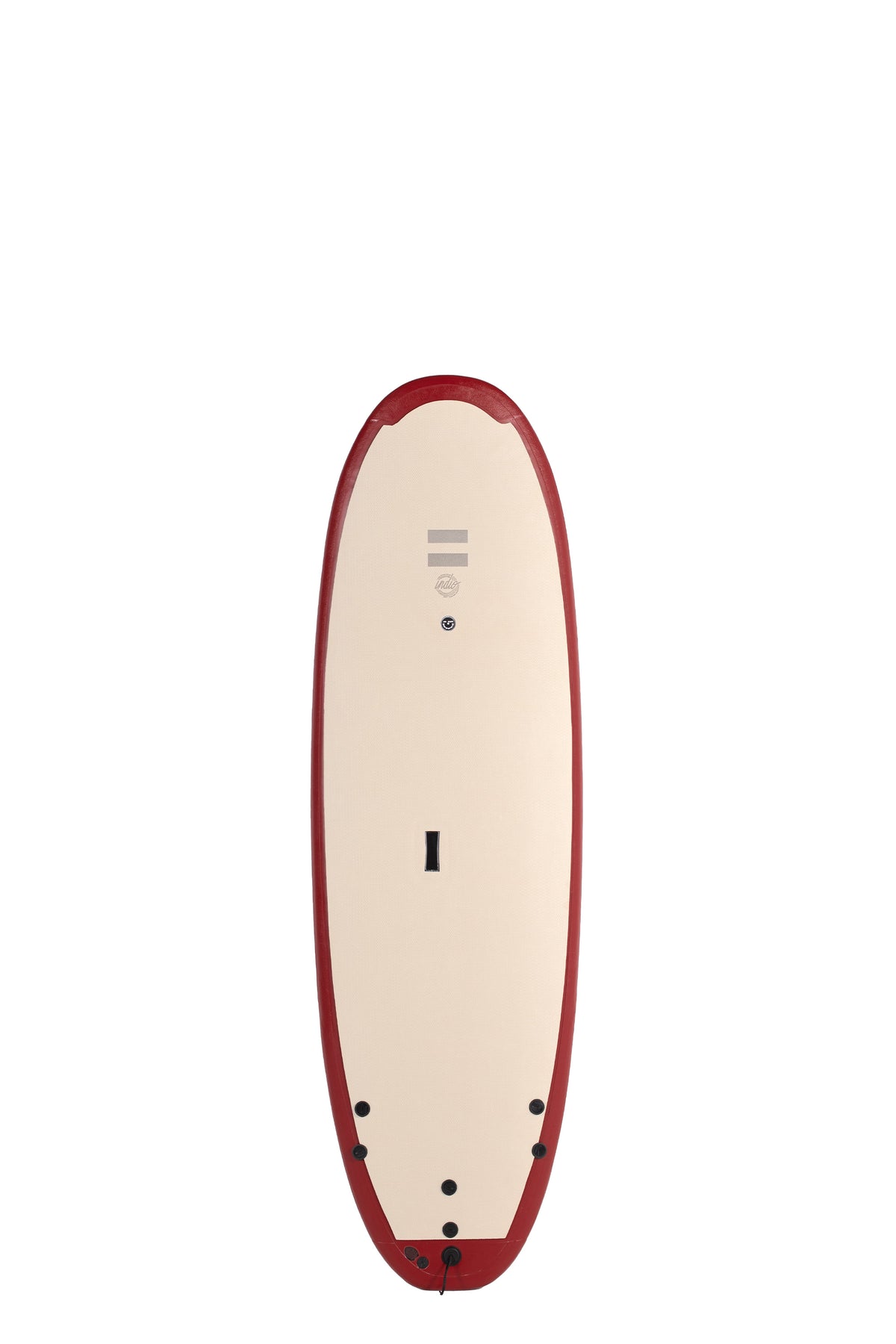 Front view of the Indio x Suntech Easy Surf softboard featuring a beige deck with Wine-colored rails, displayed on a white background.
