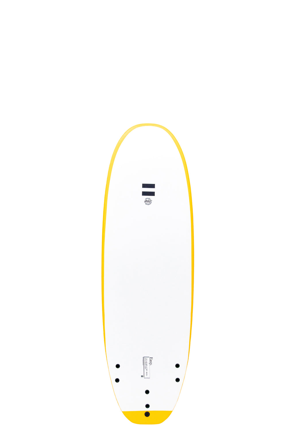 Back view of the Indio x Suntech Easy Surf softboard featuring a white deck with Yellow-colored rails, displayed on a white background.