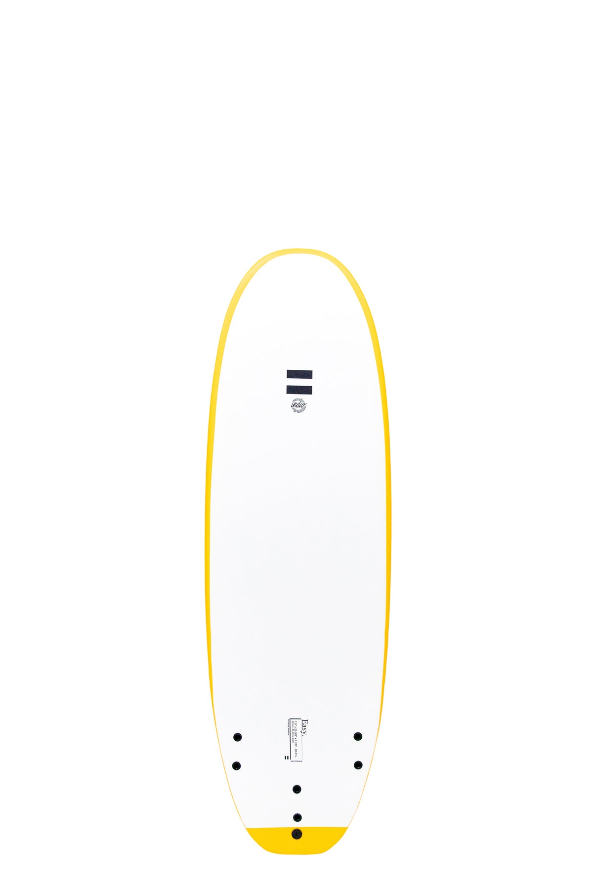 Back view of the Indio x Suntech Easy Surf softboard featuring a white deck with Yellow-colored rails, displayed on a white background.