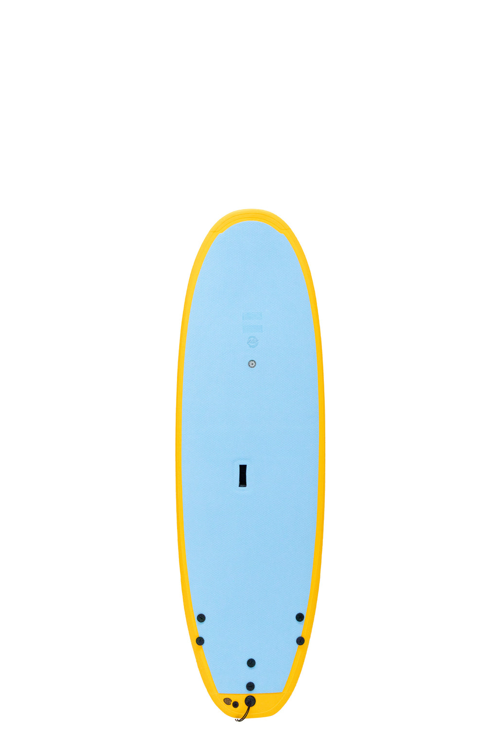 Front view of the Indio x Suntech Easy Surf softboard featuring a blue sky deck with Yellow-colored rails, displayed on a white background.