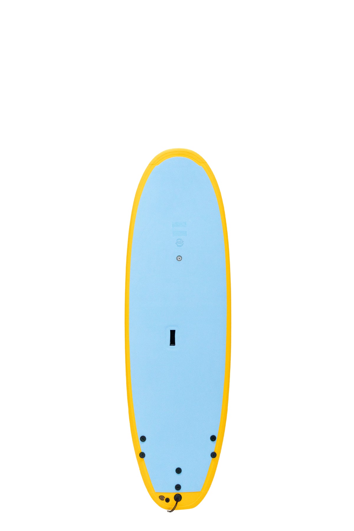 Front view of the Indio x Suntech Easy Surf softboard featuring a blue sky deck with Yellow-colored rails, displayed on a white background.