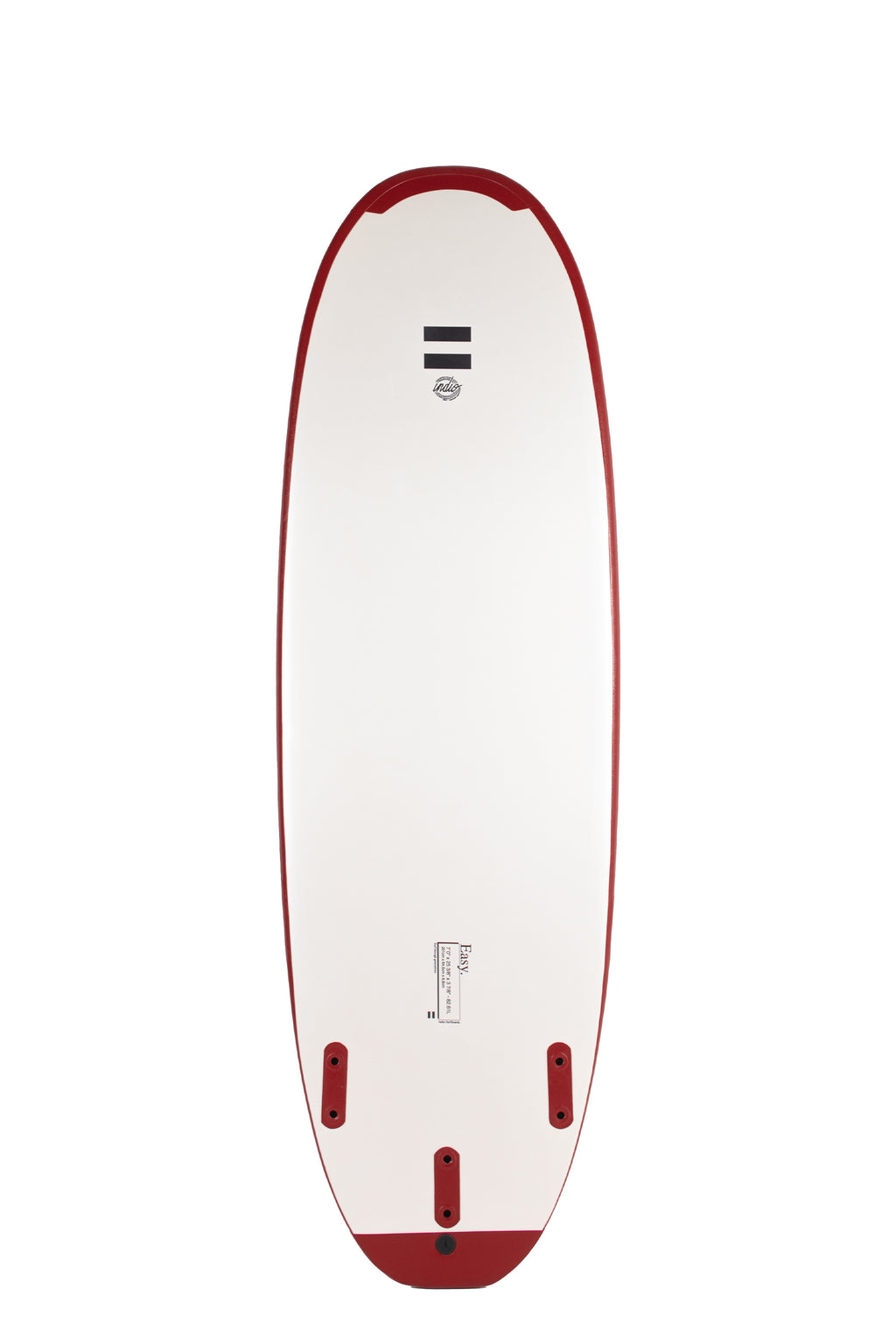 Back view of the Indio x Suntech Easy softboard featuring a white deck with Wine-colored rails, displayed on a white background.