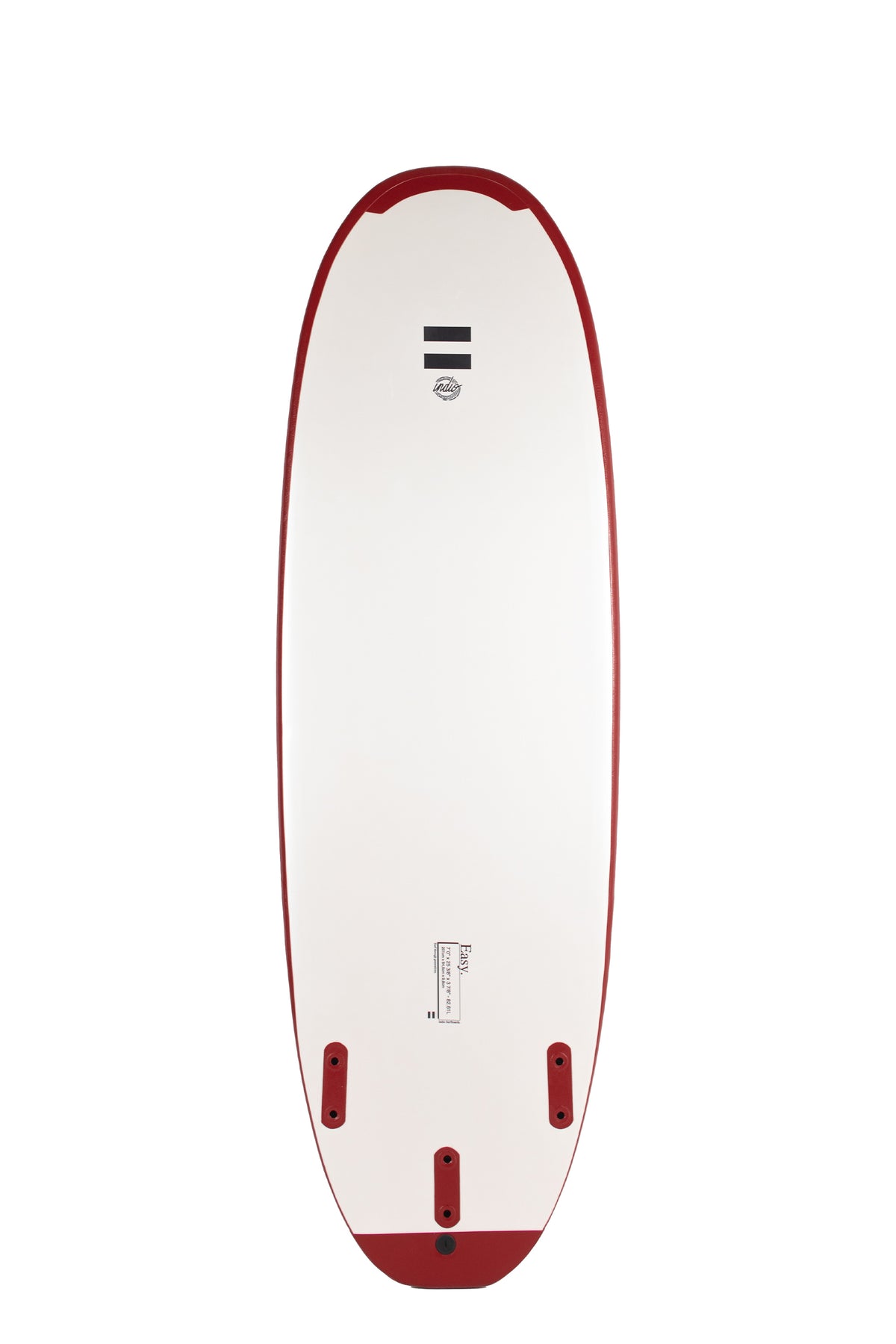 Back view of the Indio x Suntech Easy softboard featuring a white deck with Wine-colored rails, displayed on a white background.