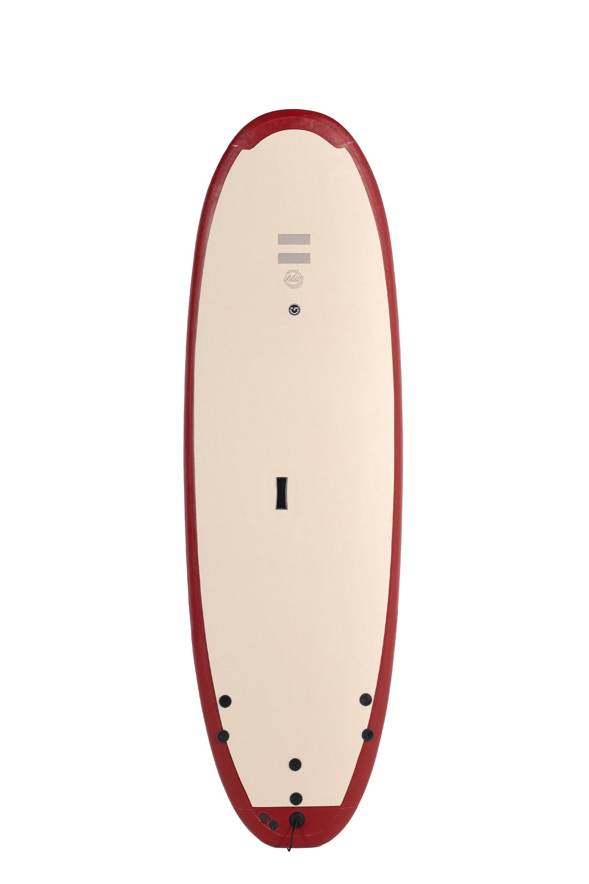 Front view of the Indio x Suntech Easy softboard featuring a beige deck with Wine-colored rails, displayed on a white background.