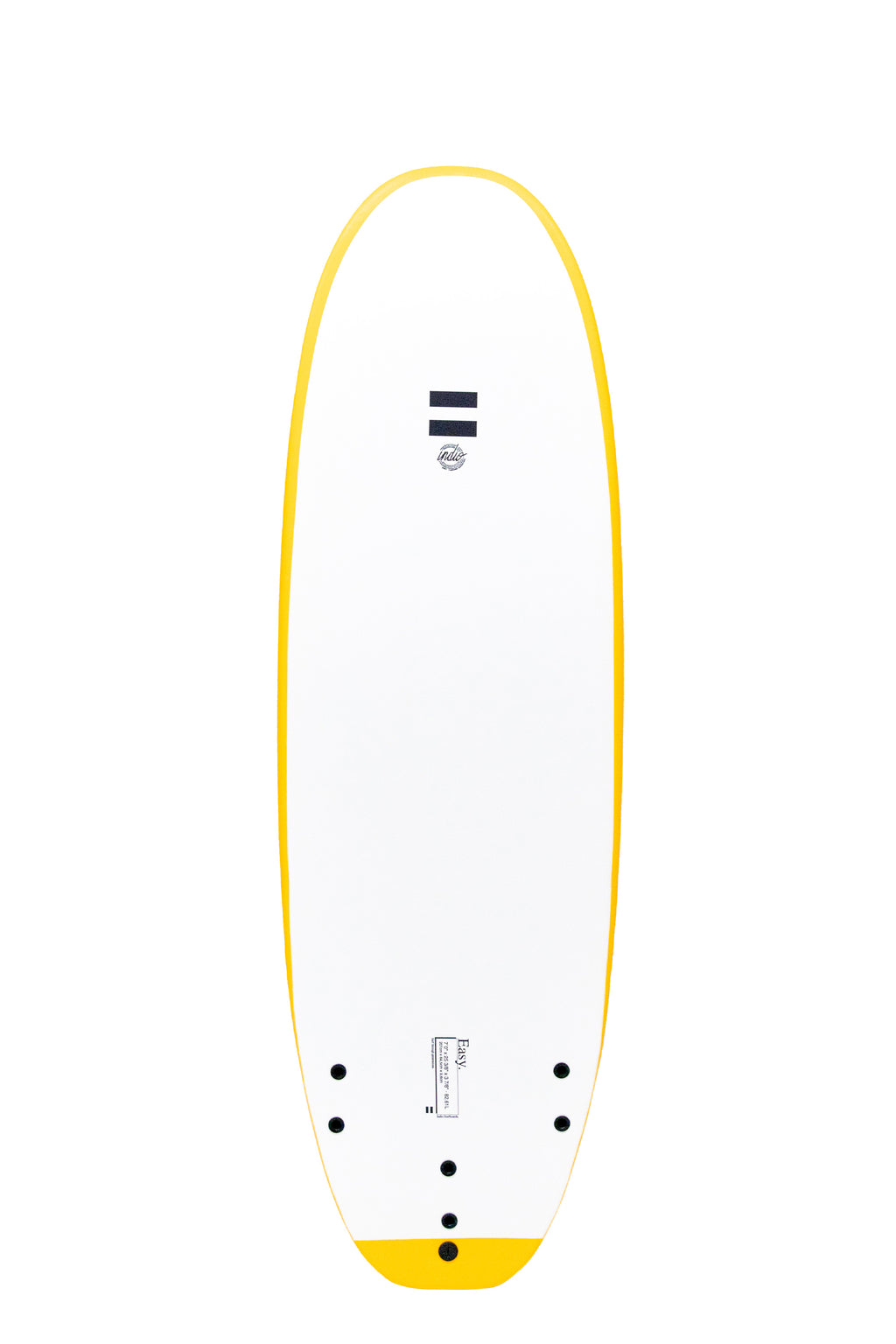 Back view of the Indio x Suntech Easy softboard featuring a white deck with Yellow-colored rails, displayed on a white background.