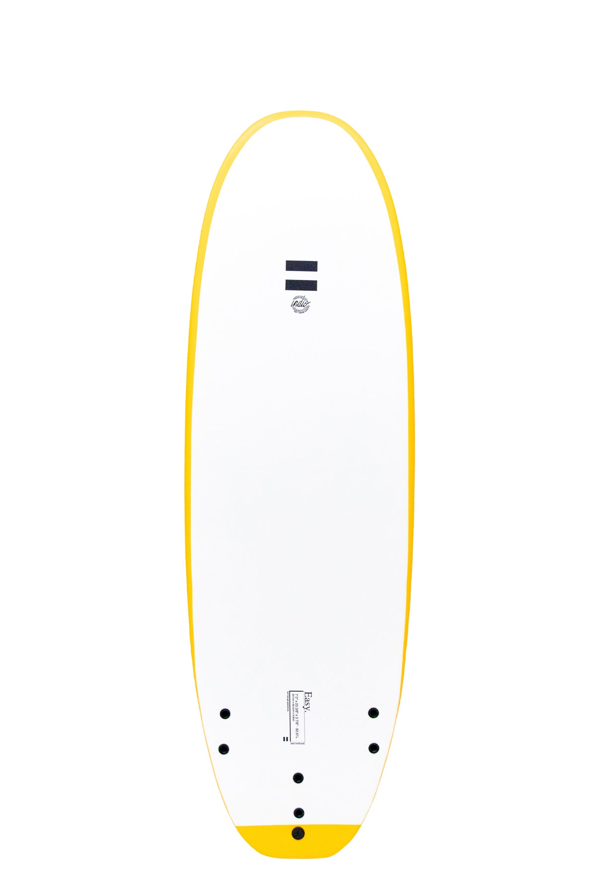 Back view of the Indio x Suntech Easy softboard featuring a white deck with Yellow-colored rails, displayed on a white background.