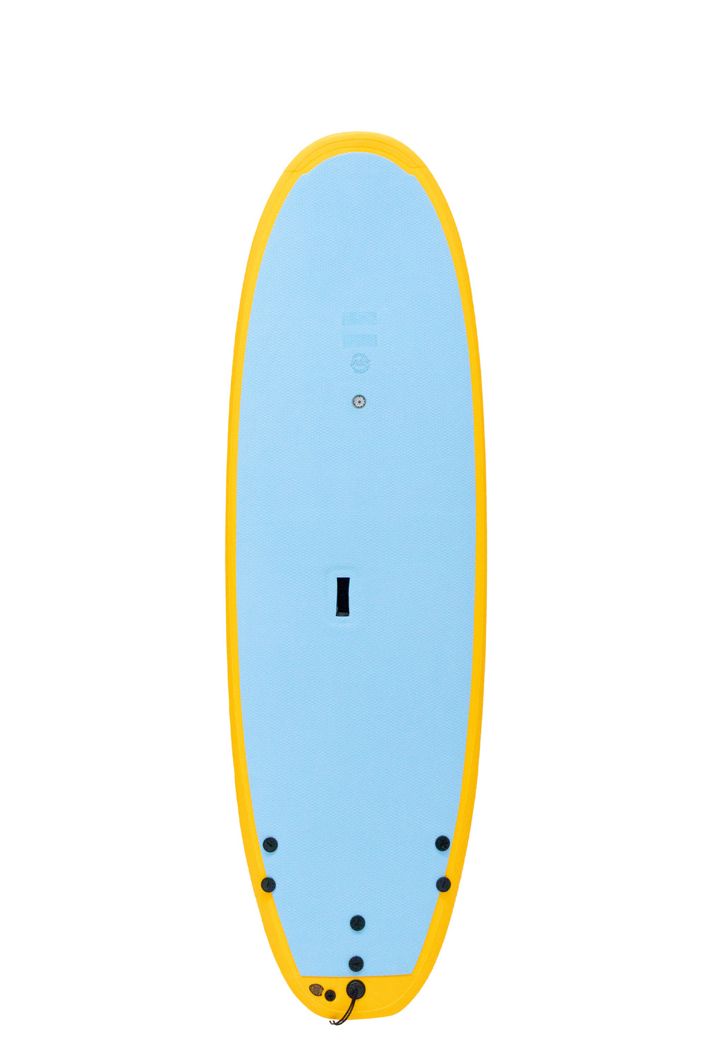 Front view of the Indio x Suntech Easy softboard featuring a blue sky deck with Yellow-colored rails, displayed on a white background.