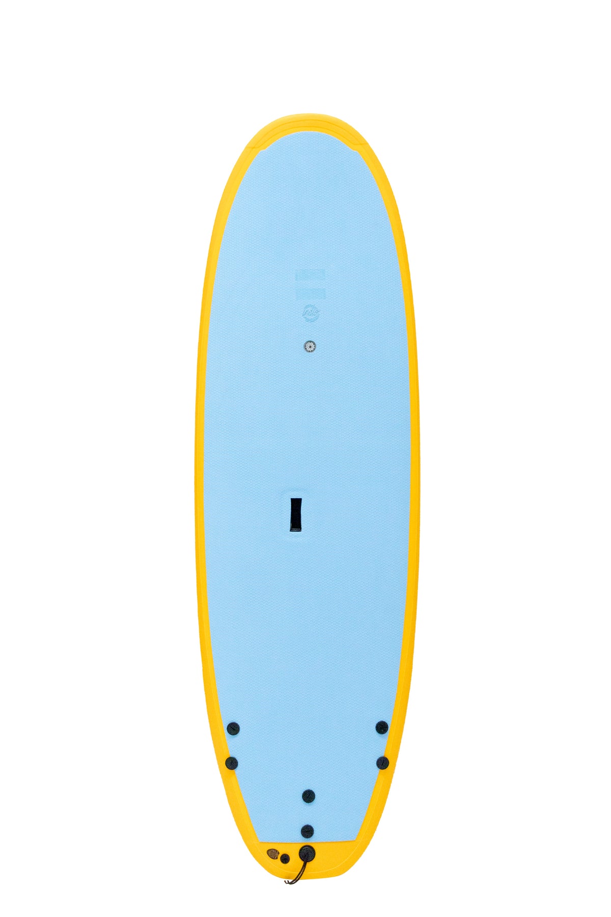 Front view of the Indio x Suntech Easy softboard featuring a blue sky deck with Yellow-colored rails, displayed on a white background.