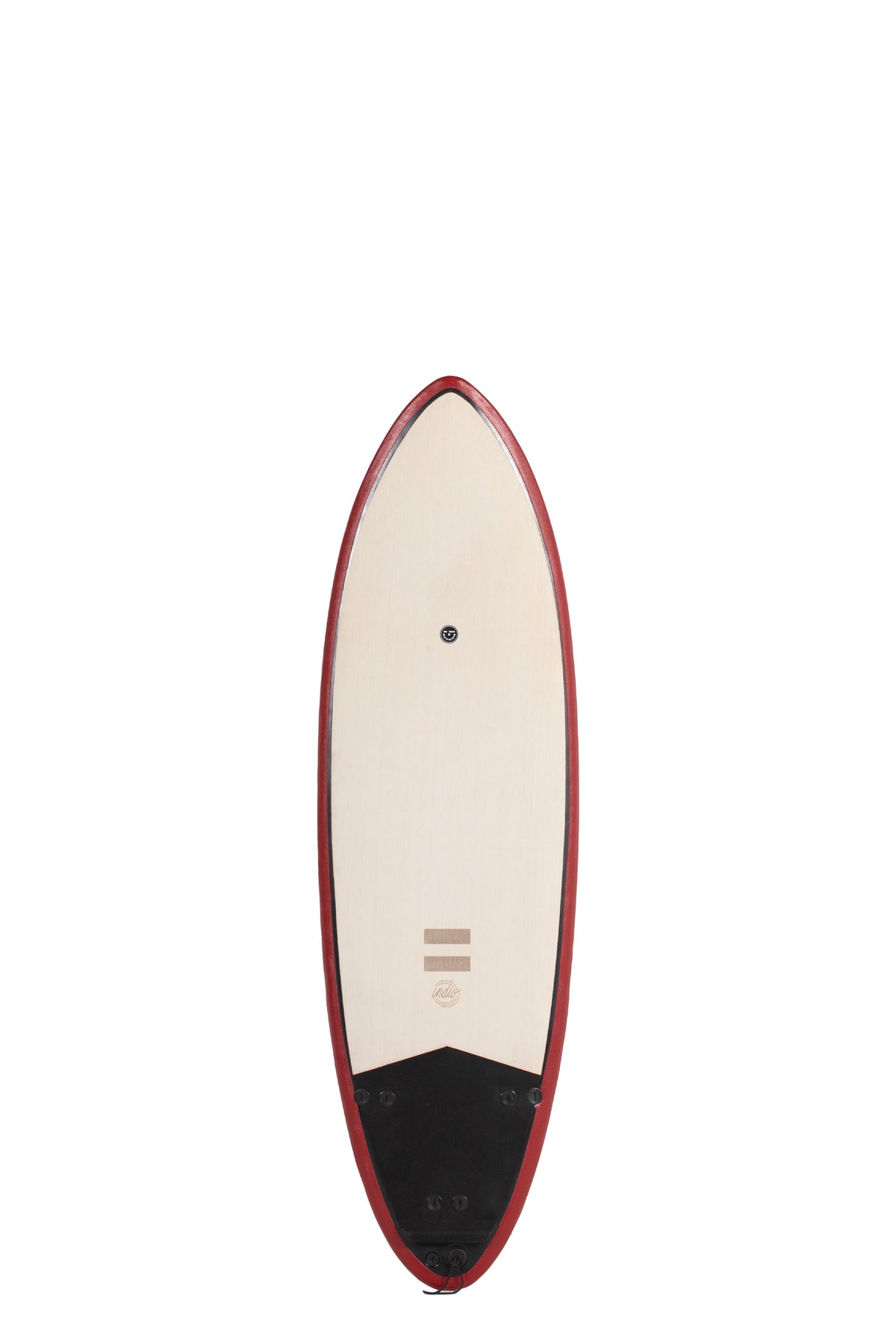 Front view of the Indio x Suntech Racer softboard featuring a beige deck with Wine-colored rails, and a black tail pad, displayed on a white background.