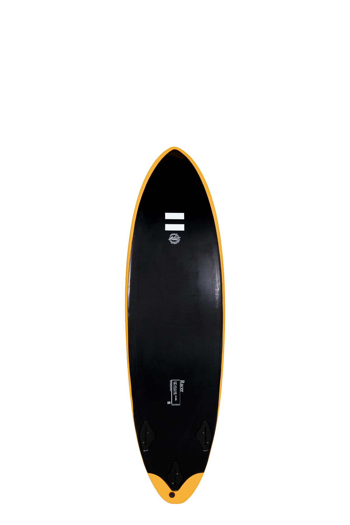 Back view of the Indio x Suntech Racer softboard featuring a black deck with Yellow-colored rails, displayed on a white background.